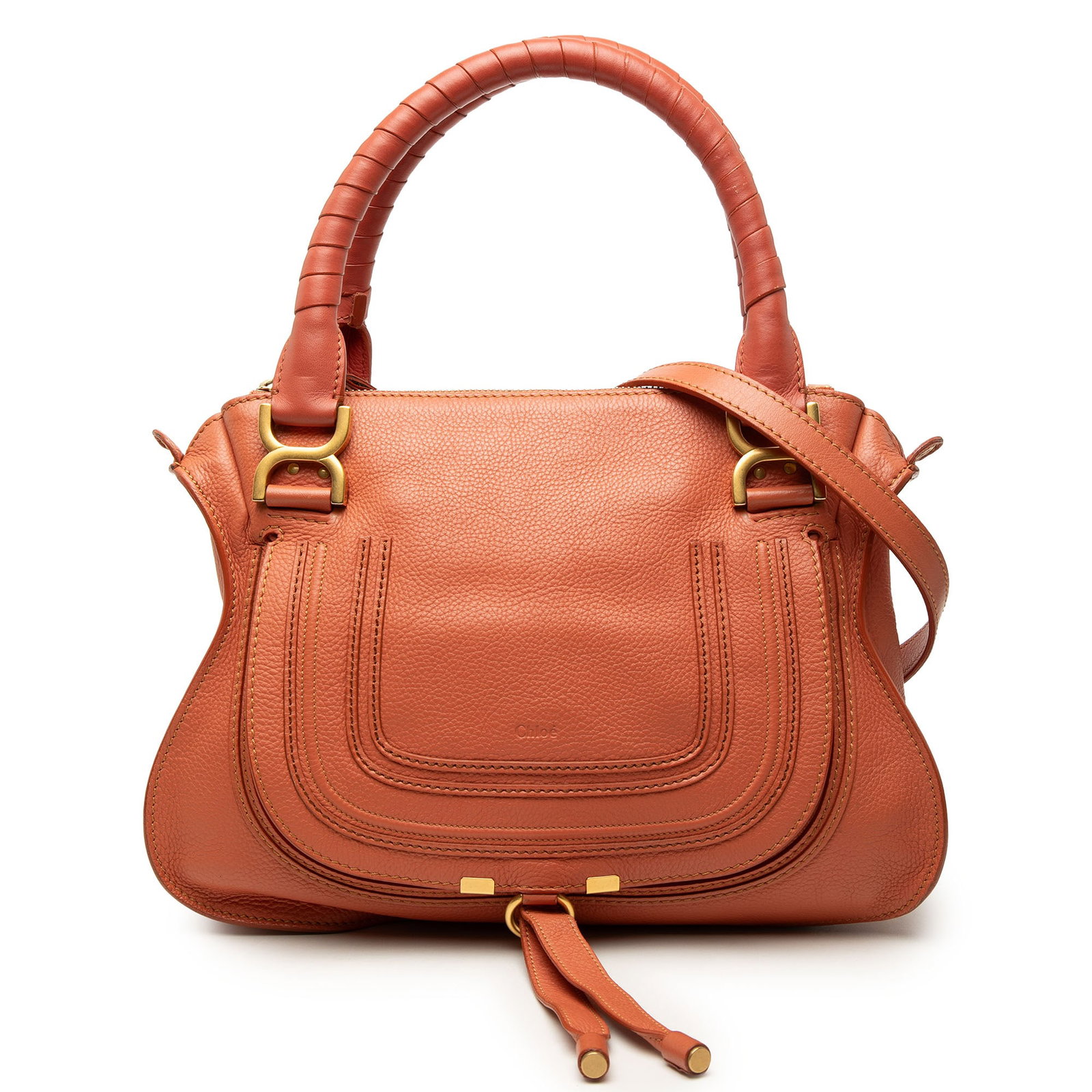 Chloe Marcie Medium Leather Satchel Bag in Orange: Chloe Marcie Medium Leather Satchel Bag in Orange Chloe Medium Leather Marcie Satchel in orange leather with rolled handles and a detachable shoulder strap. The bag features a top zip closure, an exte