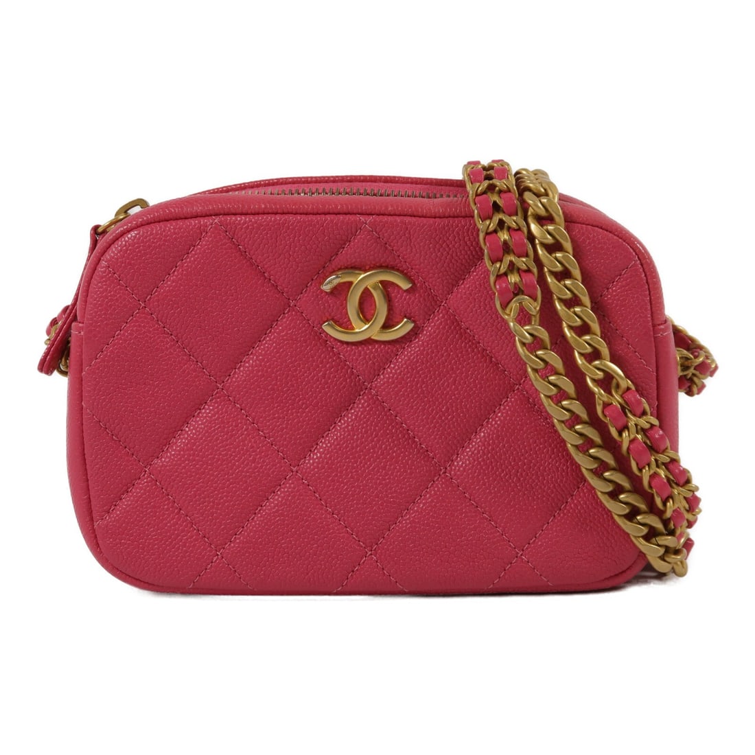 CHANEL AS3104 CC Camera Shoulder Bag Pink Lambskin Chain Strap: CHANEL AS3104 CC Camera Shoulder Bag Pink Lambskin Chain Strap A CHANEL CC GHW camera chain shoulder bag in pink lambskin leather. It features a chain shoulder strap, a fastener pocket, and one open i