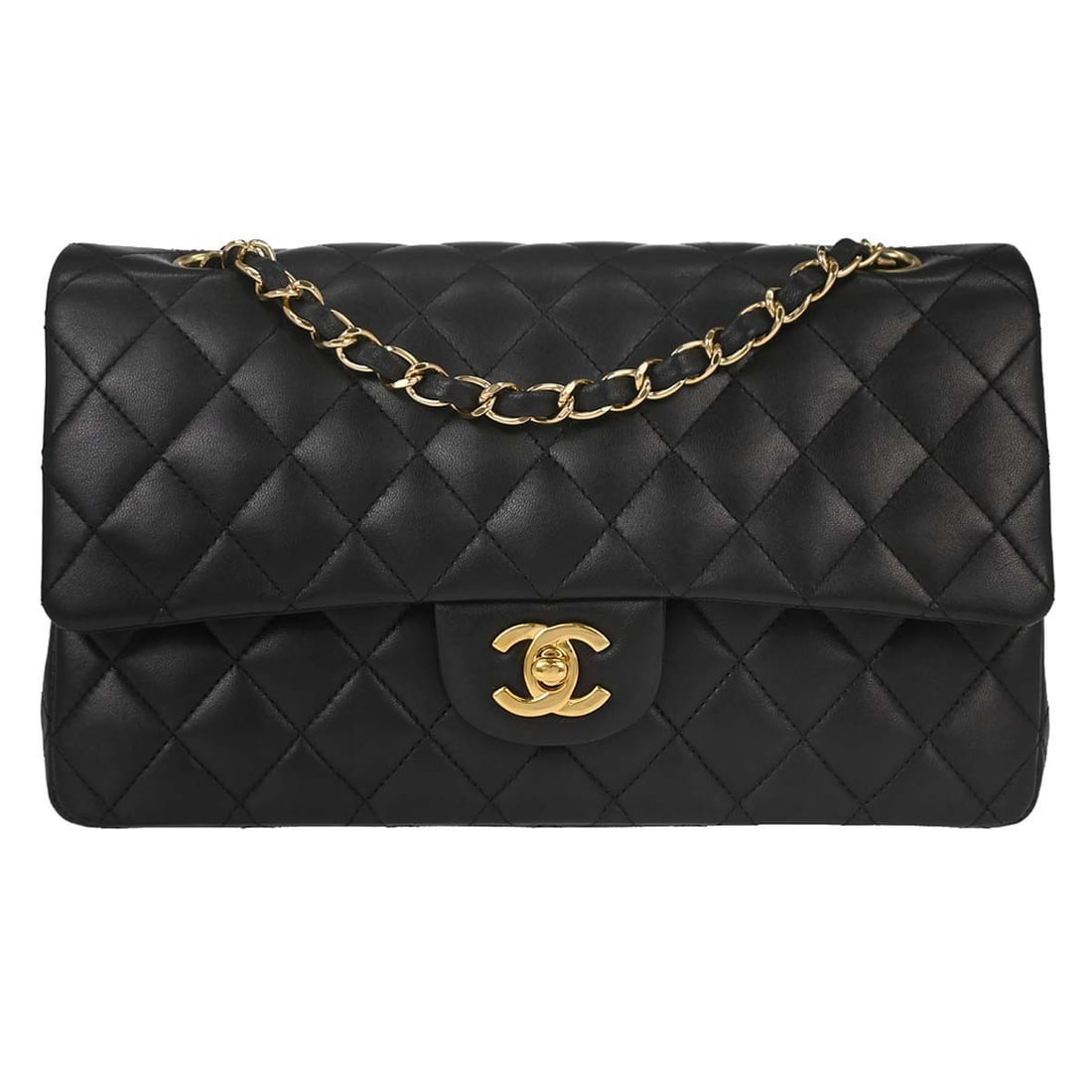 CHANEL Classic Double Flap Medium Shoulder Bag Black Lambskin: CHANEL Classic Double Flap Medium Shoulder Bag Black Lambskin Chanel medium Classic Double Flap shoulder bag in black lambskin leather, made in France. It features a turn-lock closure, shoulder strap,