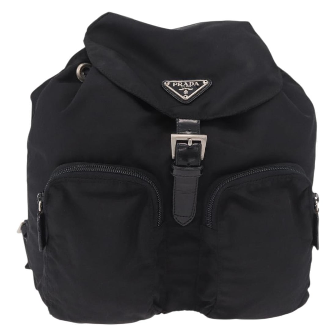 Prada Double Front Pocket Black Nylon Unisex Bag: Prada Double Front Pocket Black Nylon Unisex Bag Prada Double Front Pocket Tessuto bag in black nylon with leather trim. This unisex design is made in Italy and shows worn condition with shape loss, l