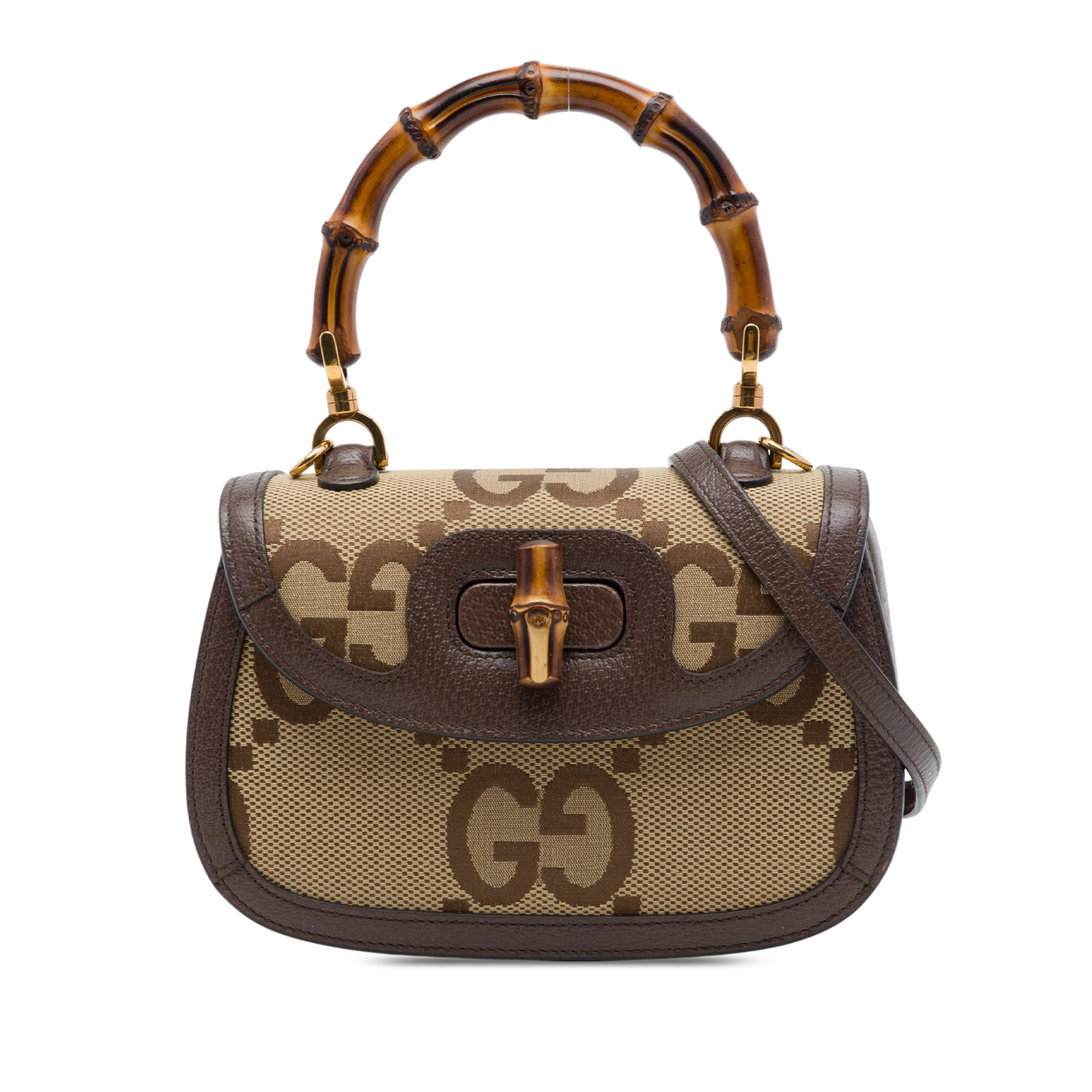 Gucci Bamboo 1947 Small Top Handle Bag in Jumbo GG Canvas: Gucci Bamboo 1947 Small Top Handle Bag in Jumbo GG Canvas A Gucci Bamboo 1947 top handle bag crafted in beige canvas with leather trim and the Jumbo GG motif. It features a bamboo top handle, a detach