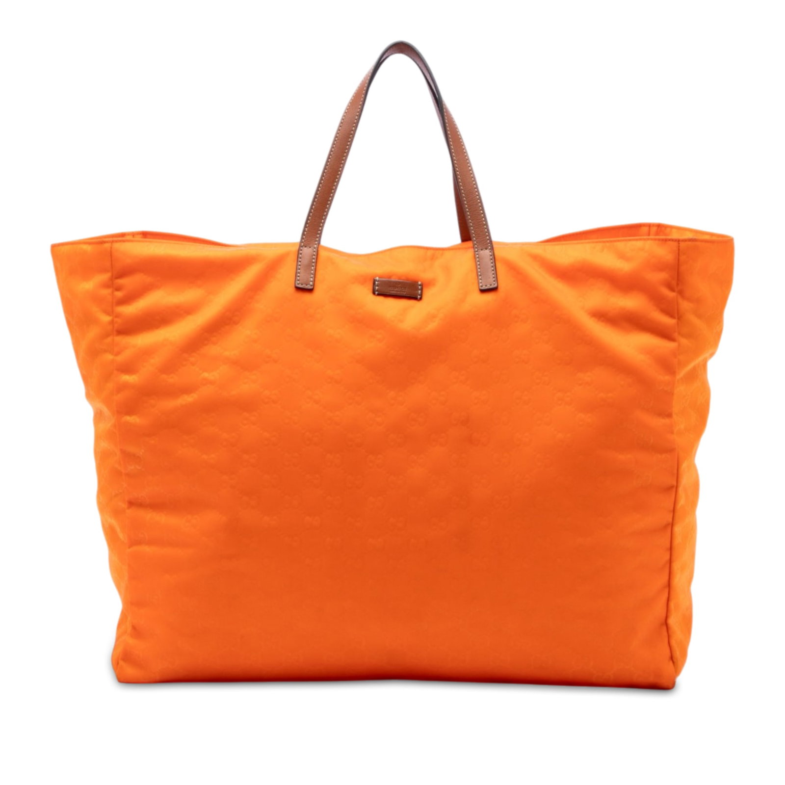 Gucci GG Nylon Travel Tote Orange Fabric Leather Straps: Gucci GG Nylon Travel Tote Orange Fabric Leather Straps A Gucci GG nylon travel bag in orange with flat leather straps, an open top, and interior zip and slip pockets. Made in Italy, this tote-style b