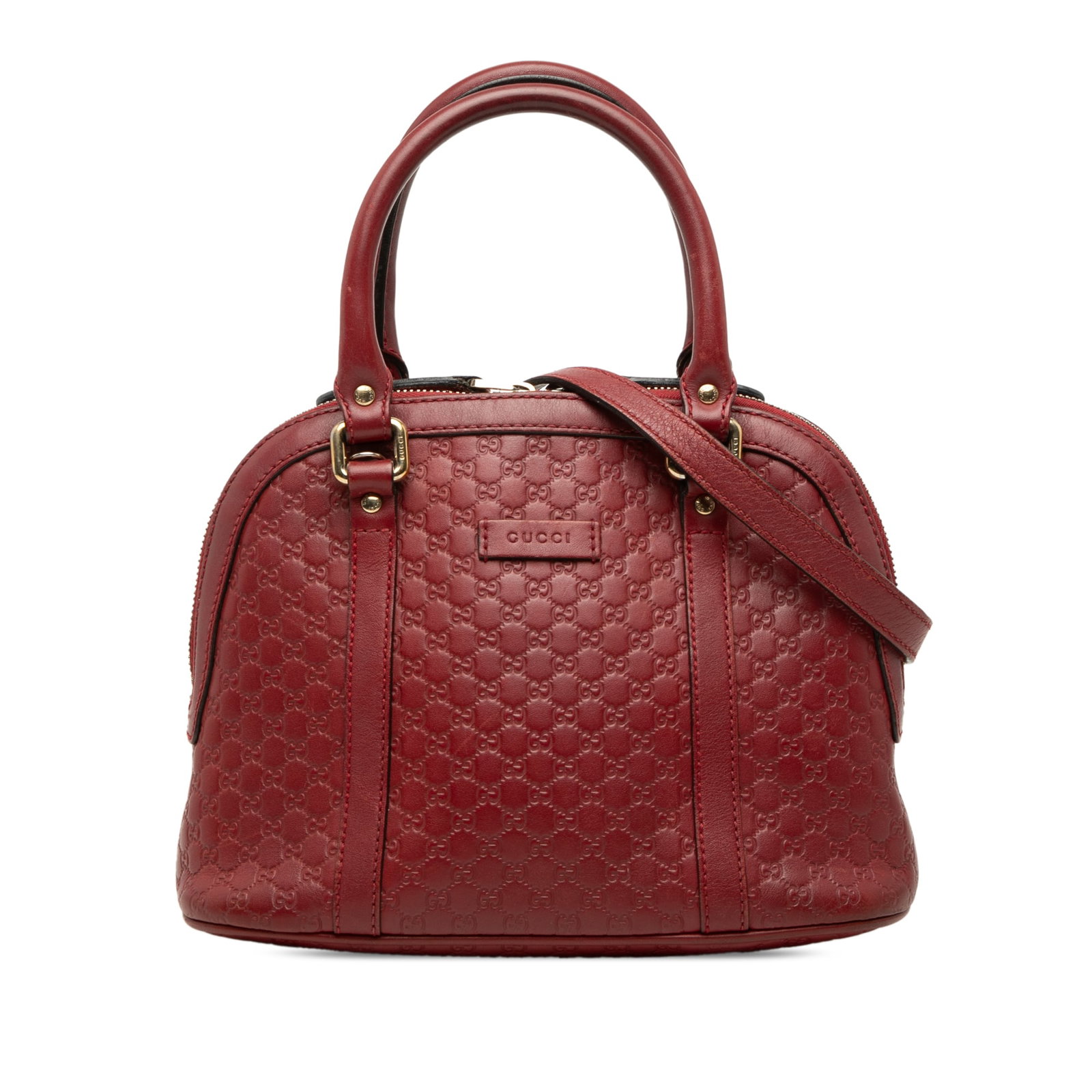 Gucci Mini Microguccissima leather dome satchel red: Gucci Mini Microguccissima leather dome satchel red Gucci Mini Microguccissima Dome Satchel in red embossed leather with rolled leather handles, a detachable flat strap, zip-around closure, and an int
