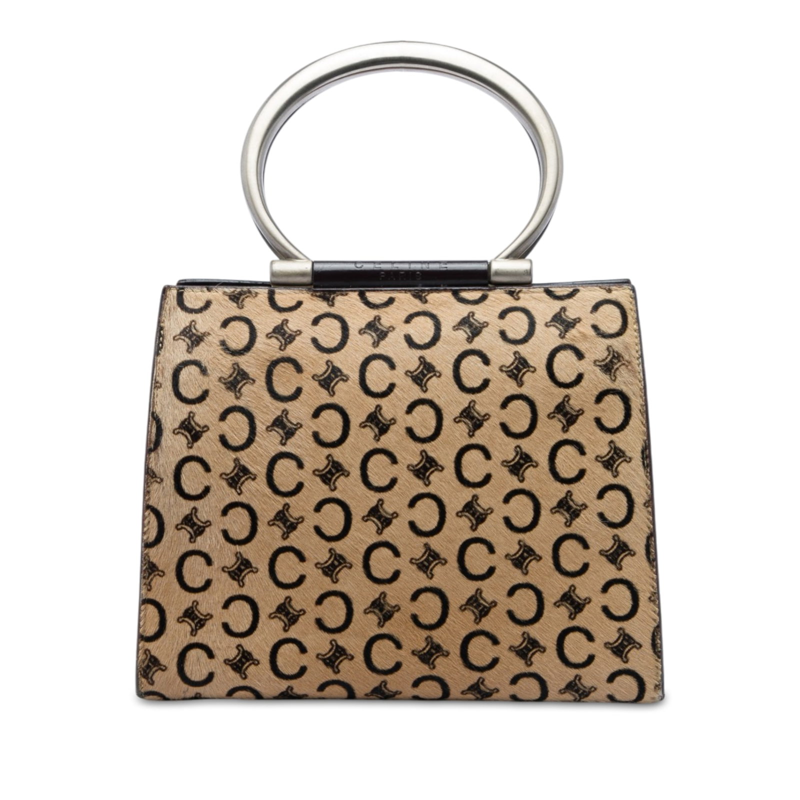 Celine C Macadam top handle handbag in pony hair: Celine C Macadam top handle handbag in pony hair Celine C Macadam top handle bag in brown pony hair with a metal top handle and an open top with magnetic snap closure. The interior includes a zip pock
