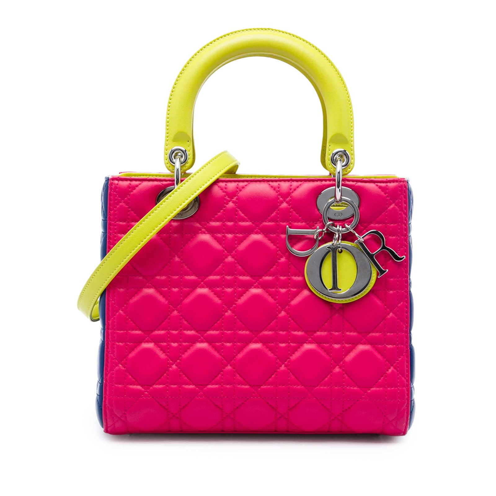 Dior Lady Dior Medium Tricolor Cannage Lambskin Bag: Dior Lady Dior Medium Tricolor Cannage Lambskin Bag Medium Lady Dior handbag in tricolor cannage lambskin leather with flat top handles, a detachable leather strap, top zip closure, and an interior zi