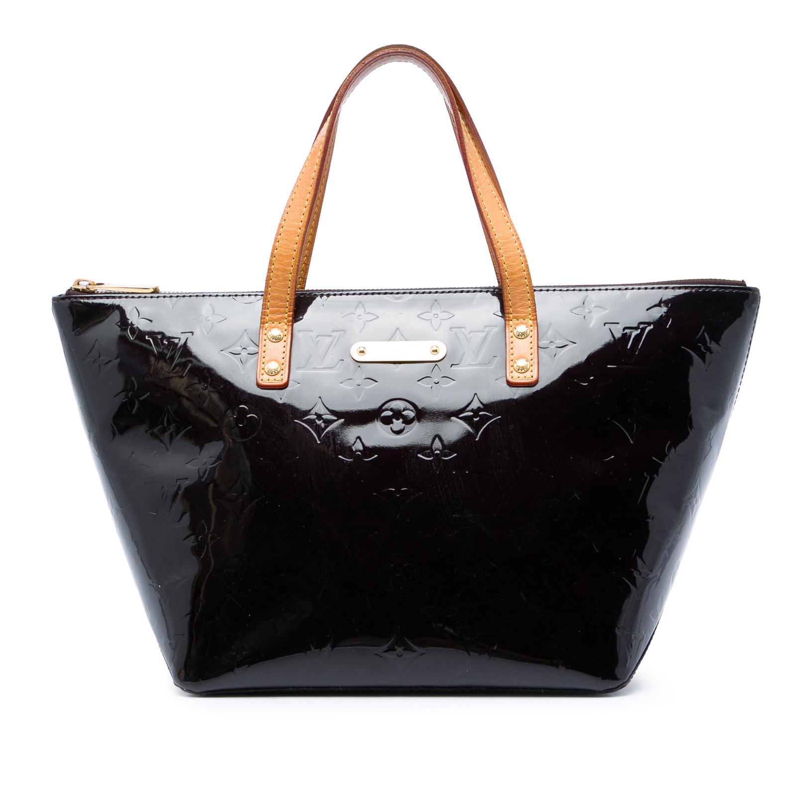 Louis Vuitton Bellevue PM Monogram Vernis Leather Handbag: Louis Vuitton Bellevue PM Monogram Vernis Leather Handbag Louis Vuitton Monogram Vernis Bellevue PM handbag crafted in purple vernis leather with flat vachetta leather handles, a top zip closure, and 