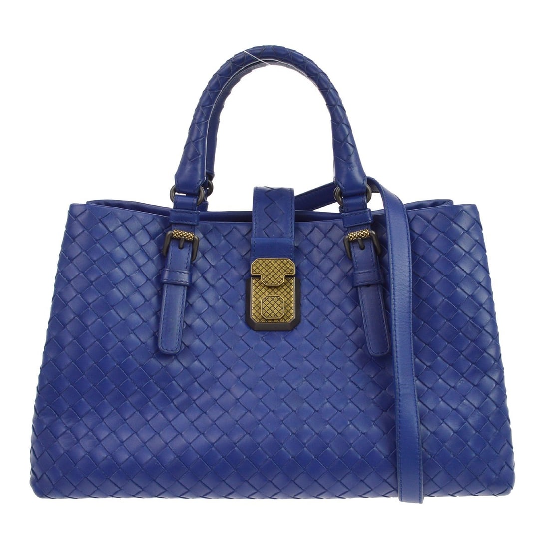 Bottega Veneta Roma Small Blue Intrecciato Leather Top Handle Bag: Bottega Veneta Roma Small Blue Intrecciato Leather Top Handle Bag Bottega Veneta Roma top handle bag in blue lambskin leather with the signature Intrecciato woven design. This women's bag features dou