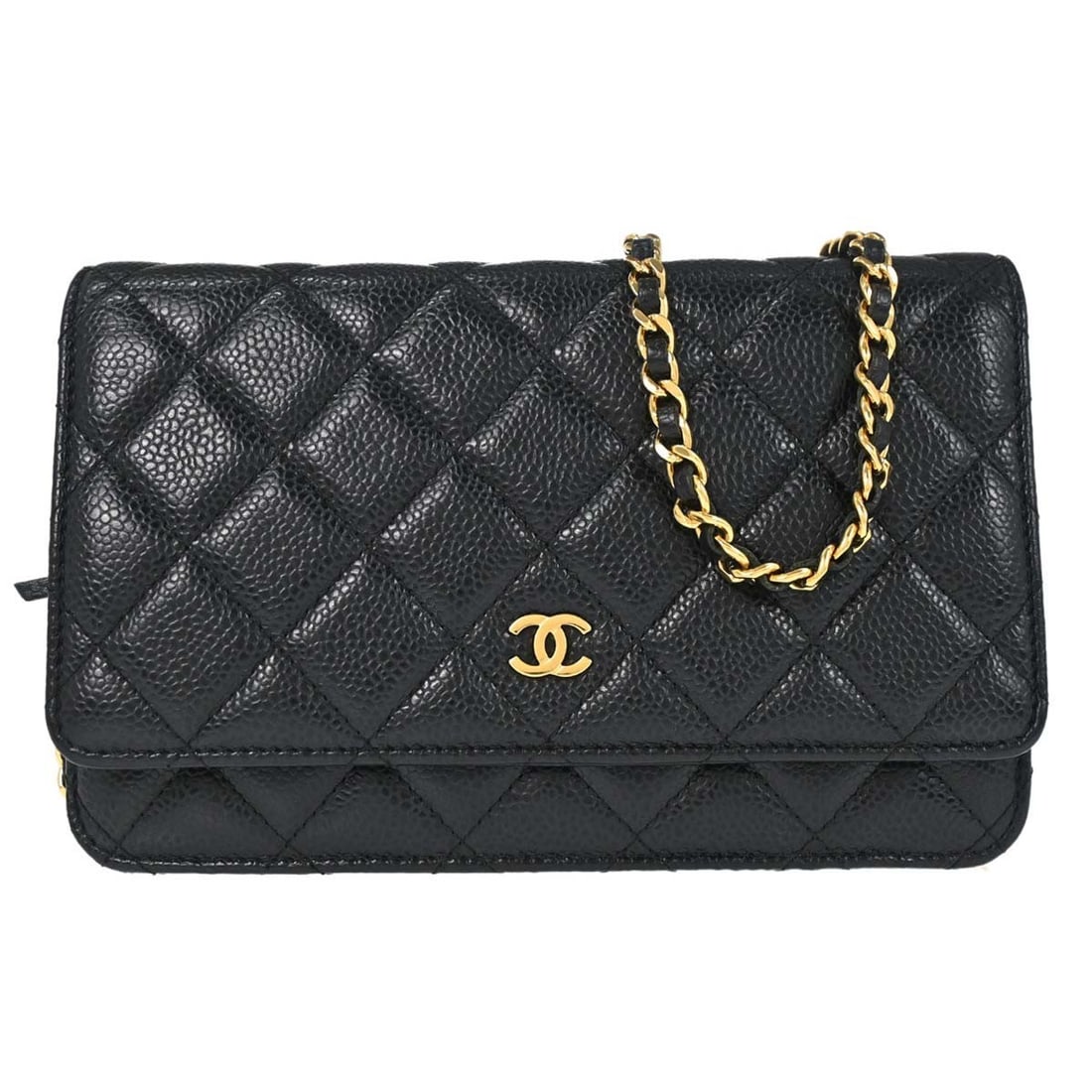 CHANEL Classic WOC Wallet on Chain in Black Caviar Leather: CHANEL Classic WOC Wallet on Chain in Black Caviar Leather Chanel Classic WOC wallet on chain in black caviar skin leather. This folding wallet features an exterior pocket and a well-organized interio