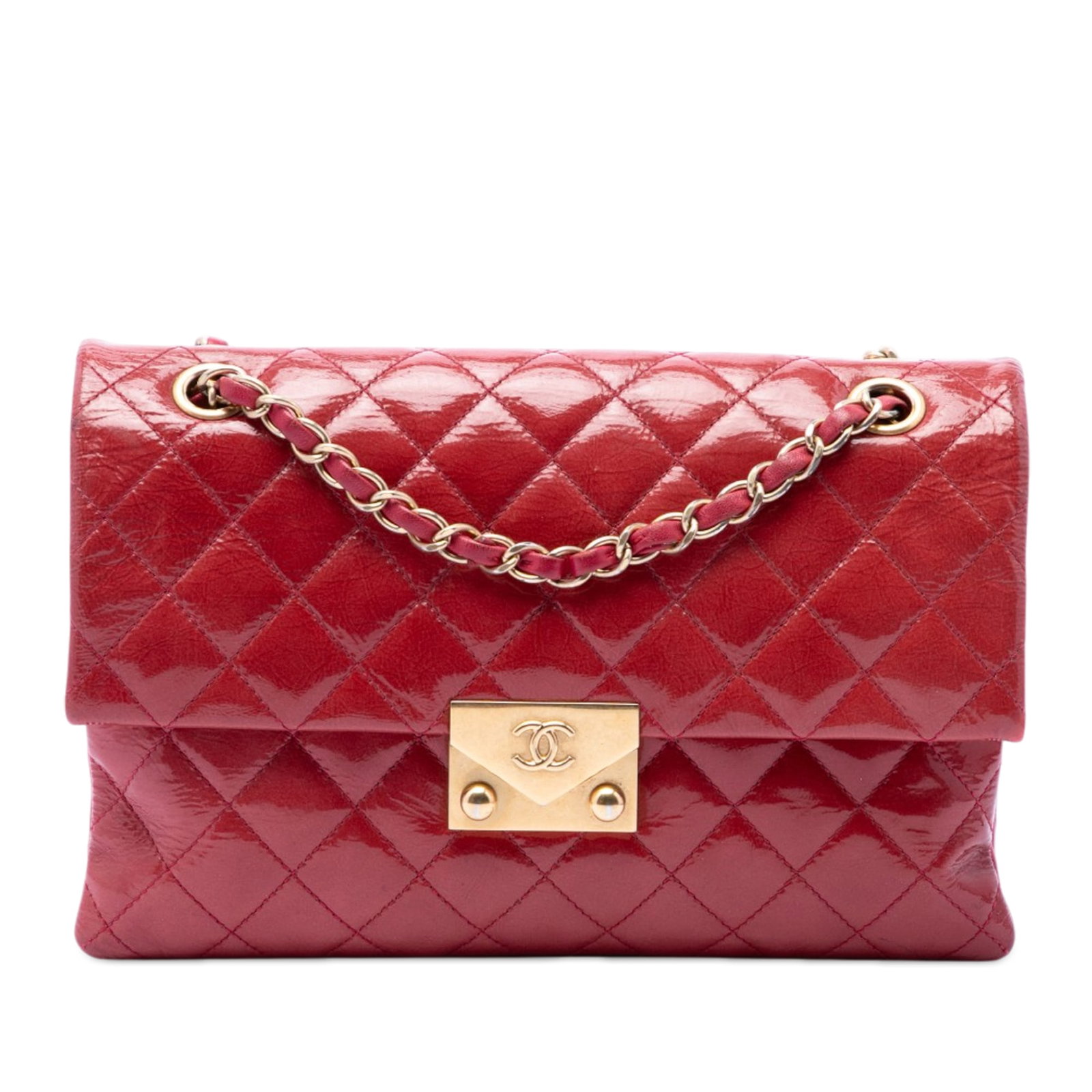 Chanel Pagoda Accordion Flap Red Patent Goatskin Shoulder Bag: Chanel Pagoda Accordion Flap Red Patent Goatskin Shoulder Bag Quilted patent goatskin shoulder bag with a pagoda accordion flap design and a leather-woven chain link shoulder strap. The bag features a