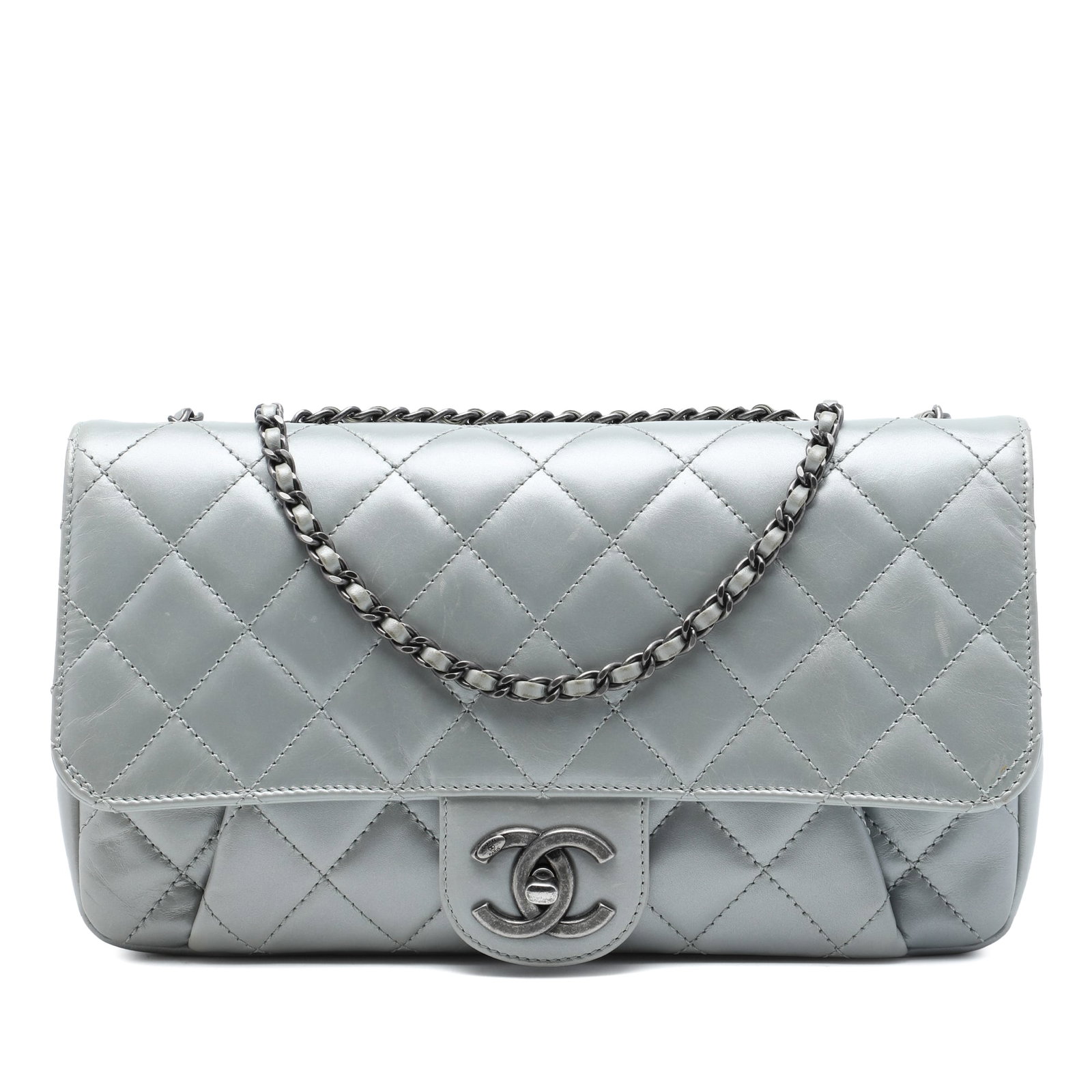 Chanel Coco Pleats Medium Chain Flap Gray Quilted Calfskin Bag: Chanel Coco Pleats Medium Chain Flap Gray Quilted Calfskin Bag A Chanel Coco Pleats chain flap crossbody bag crafted in gray quilted calfskin with a pleated front exterior and the signature interlocki