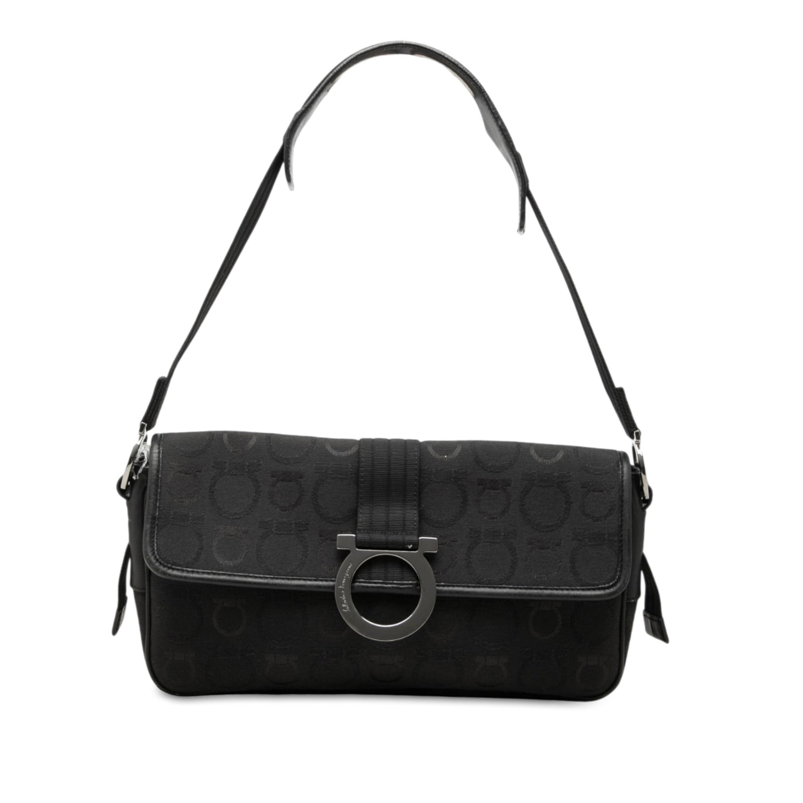 Ferragamo Gancini flap shoulder bag in black canvas: Ferragamo Gancini flap shoulder bag in black canvas Ferragamo Gancini shoulder bag crafted in canvas with leather trim. It features a flat shoulder strap, a front flap with magnetic closure, and an in