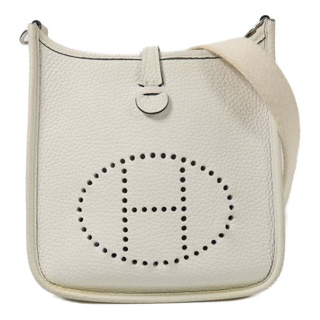 Hermes Evelyne TPM White Clemence Calfskin Shoulder Bag: Hermes Evelyne TPM White Clemence Calfskin Shoulder Bag Hermes Evelyne TPM shoulder bag crafted in Taurillon Clemence and calfskin in white. This women's shoulder bag includes a shoulder strap, storag