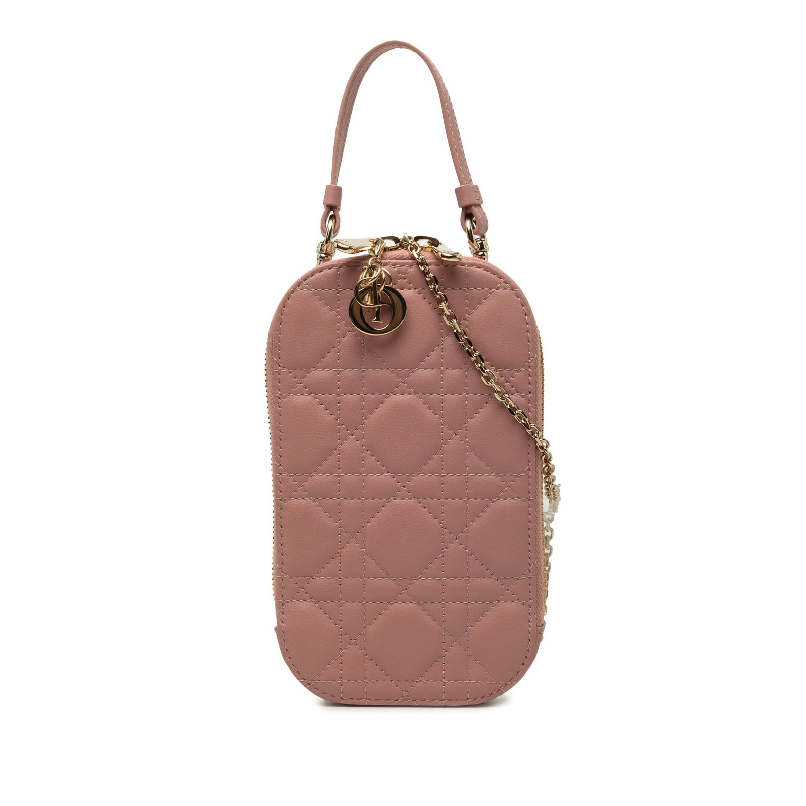 Dior Lady Dior Call in Phone Holder Pink Lambskin Cannage: Dior Lady Dior Call in Phone Holder Pink Lambskin Cannage A pink Lady Dior Call In phone holder crafted in quilted lambskin leather with the signature Cannage pattern. This compact satchel-style bag f