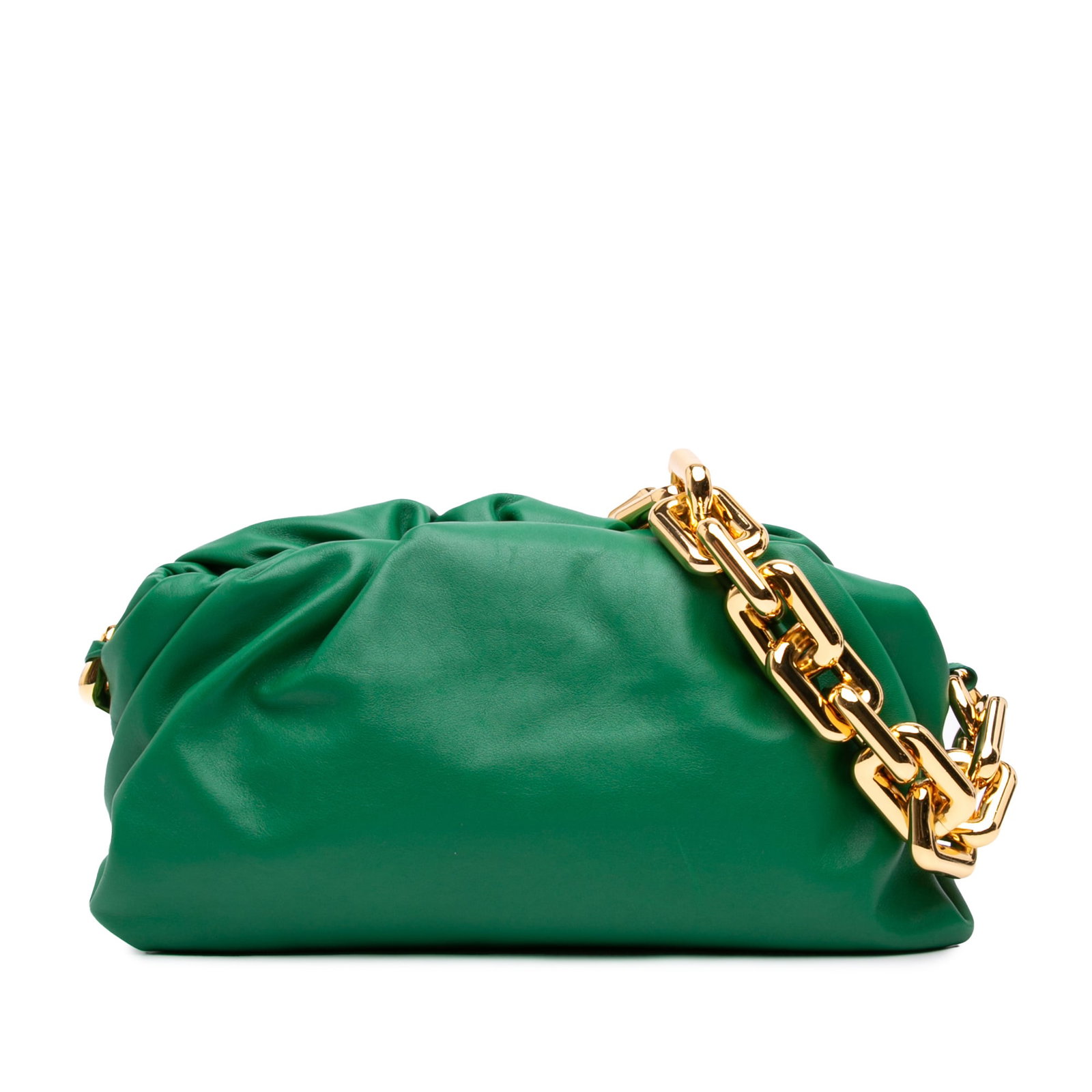 Bottega Veneta Chain Pouch Green Lambskin Shoulder Bag: Bottega Veneta Chain Pouch Green Lambskin Shoulder Bag A Bottega Veneta Chain Pouch crafted in green lambskin leather with a gold-tone chain link strap and top magnetic frame closure. Made in Italy, t