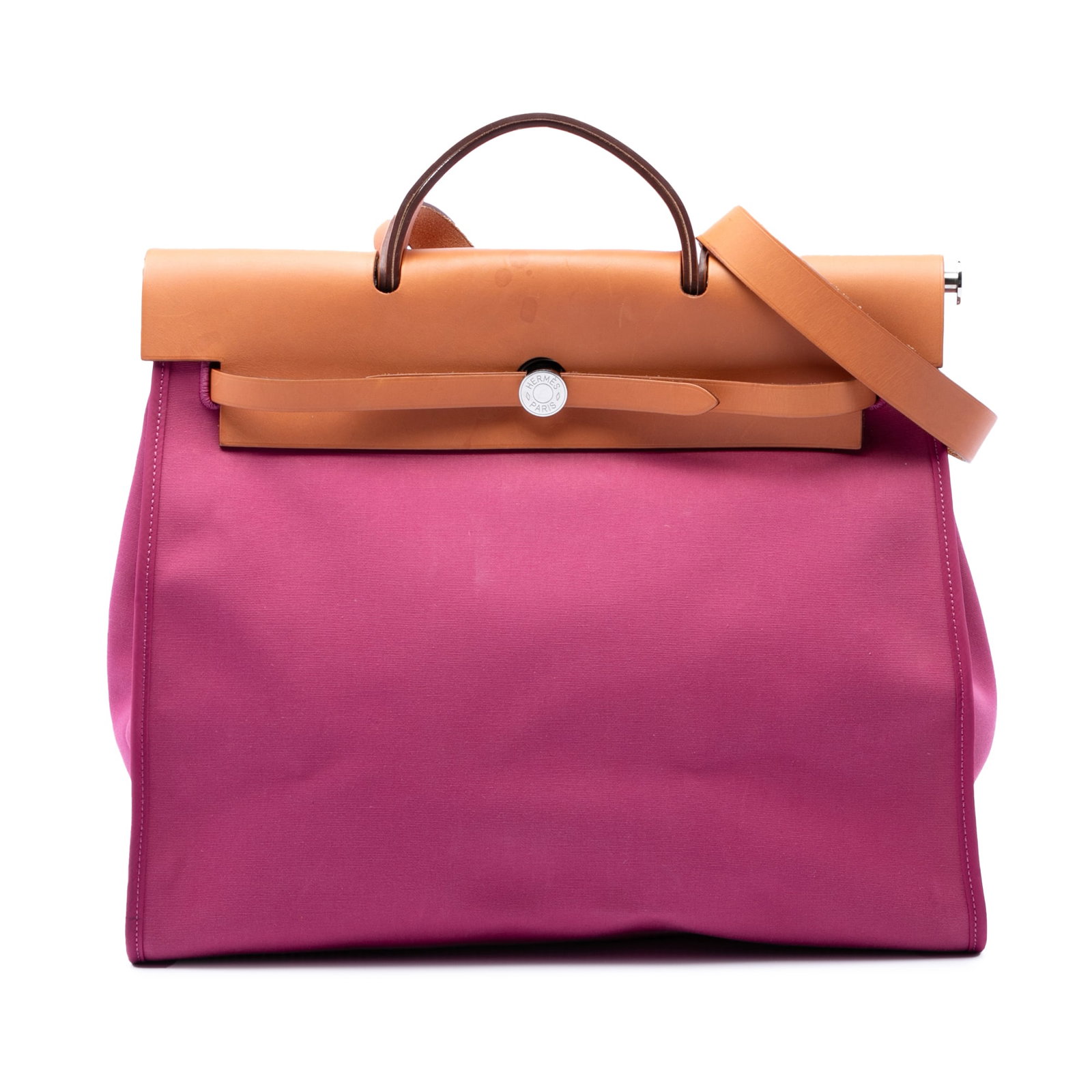 Hermes Herbag Zip 39 Toile Shoulder Bag Pink: Hermes Herbag Zip 39 Toile Shoulder Bag Pink The Hermes Herbag Zip 39 is a structured bag with a canvas body, leather top handle, and leather shoulder strap. It features a top flap with pull-through s