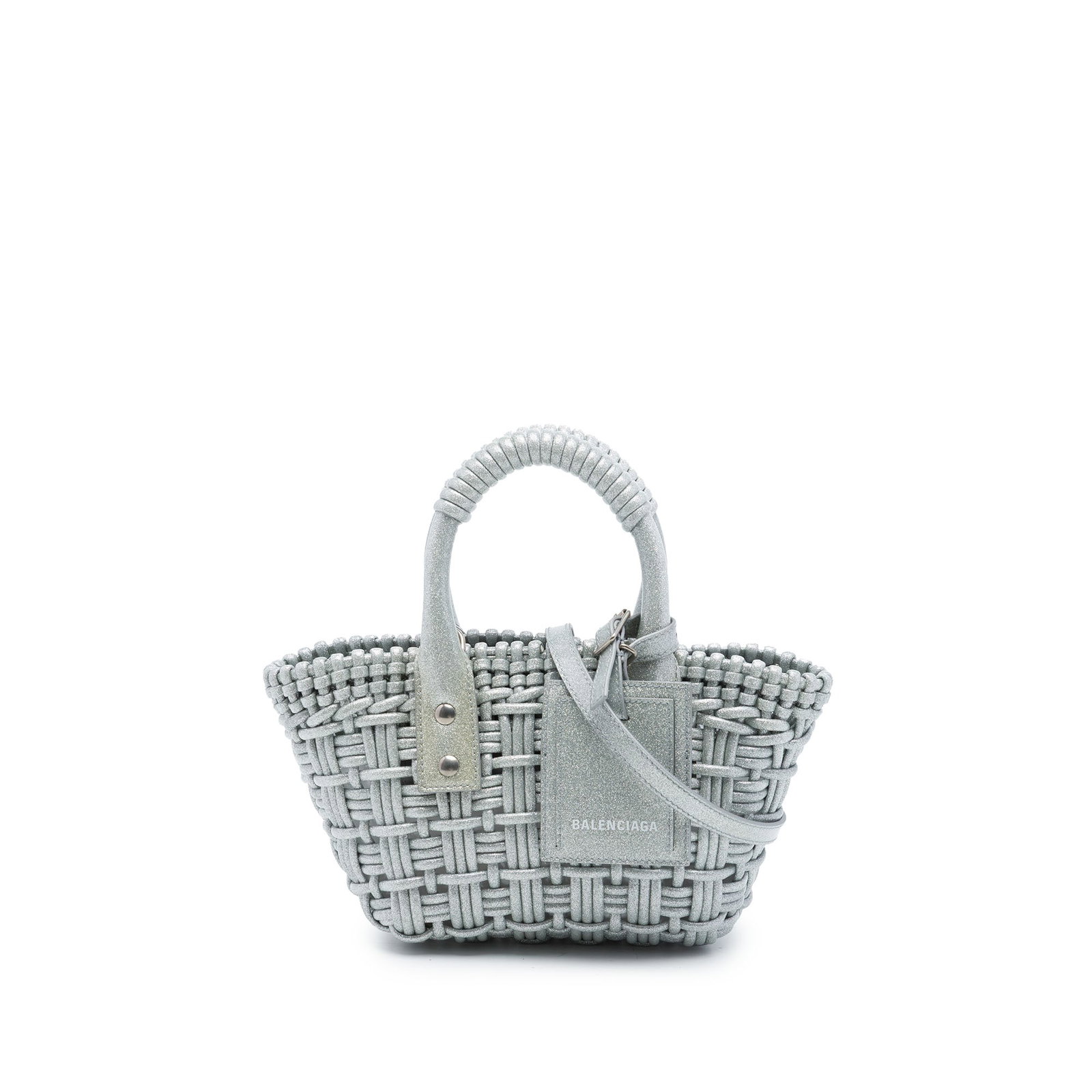 Balenciaga Bistro Basket XXS Metallic Faux Leather Satchel Silver: Balenciaga Bistro Basket XXS Metallic Faux Leather Satchel Silver Balenciaga Metallic Faux Leather Bistro Basket Bag XXS in silver with a braided faux leather body, rolled handles, and a detachable fl