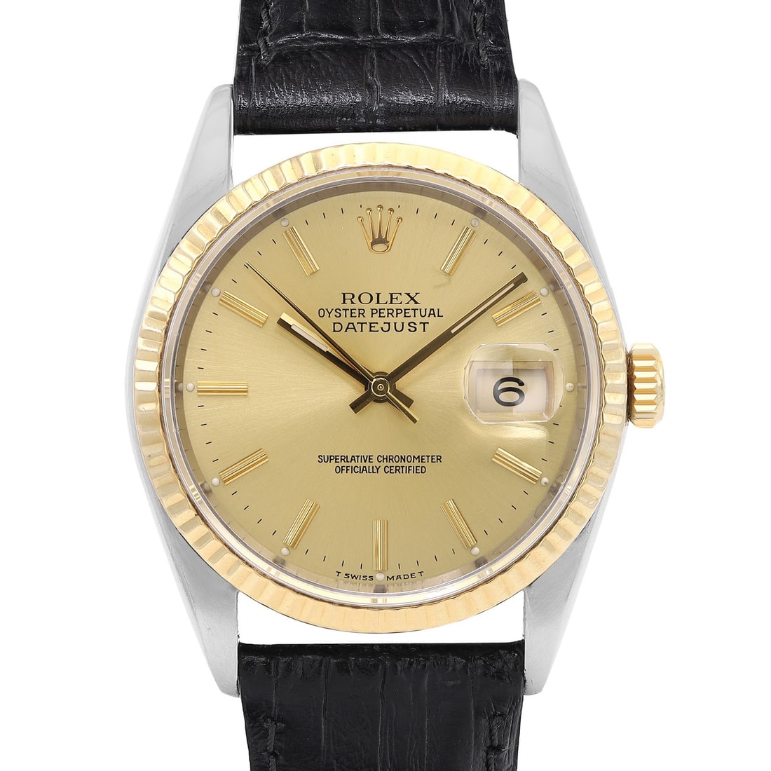 Rolex Datejust 16233 Men's 36mm Gold Steel Champagne Sunburst Dial Watch: Rolex Datejust 16233 Men's 36mm Gold Steel Champagne Sunburst Dial Watch This Rolex Datejust 36mm wristwatch features a polished stainless steel case with a fluted 18K gold bezel and a sunburst champa