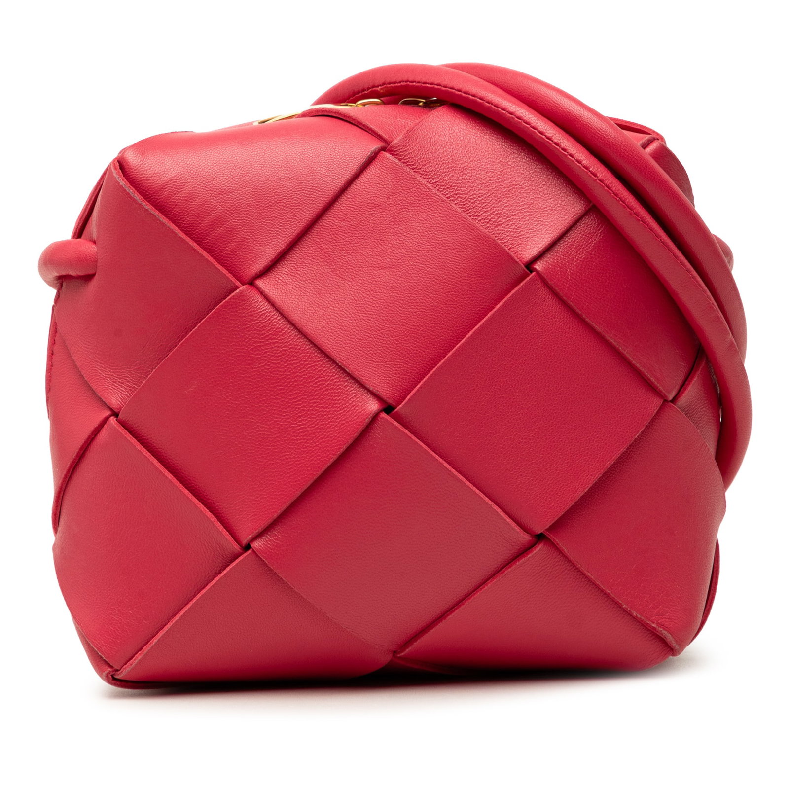 Bottega Veneta Intrecciato Cassette Mini Pink Lambskin Camera Bag: Bottega Veneta Intrecciato Cassette Mini Pink Lambskin Camera Bag A compact Bottega Veneta camera bag crafted in pink woven lambskin leather with the signature Intrecciato design. It features rolled l