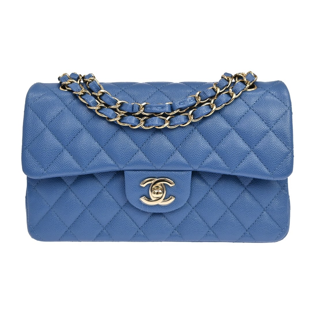 CHANEL Classic Double Flap Small Blue Caviar Leather Shoulder Bag: CHANEL Classic Double Flap Small Blue Caviar Leather Shoulder Bag Vintage Chanel Small Classic Double Flap shoulder bag in blue caviar skin leather with a black lambskin lining and matelasse pattern. 