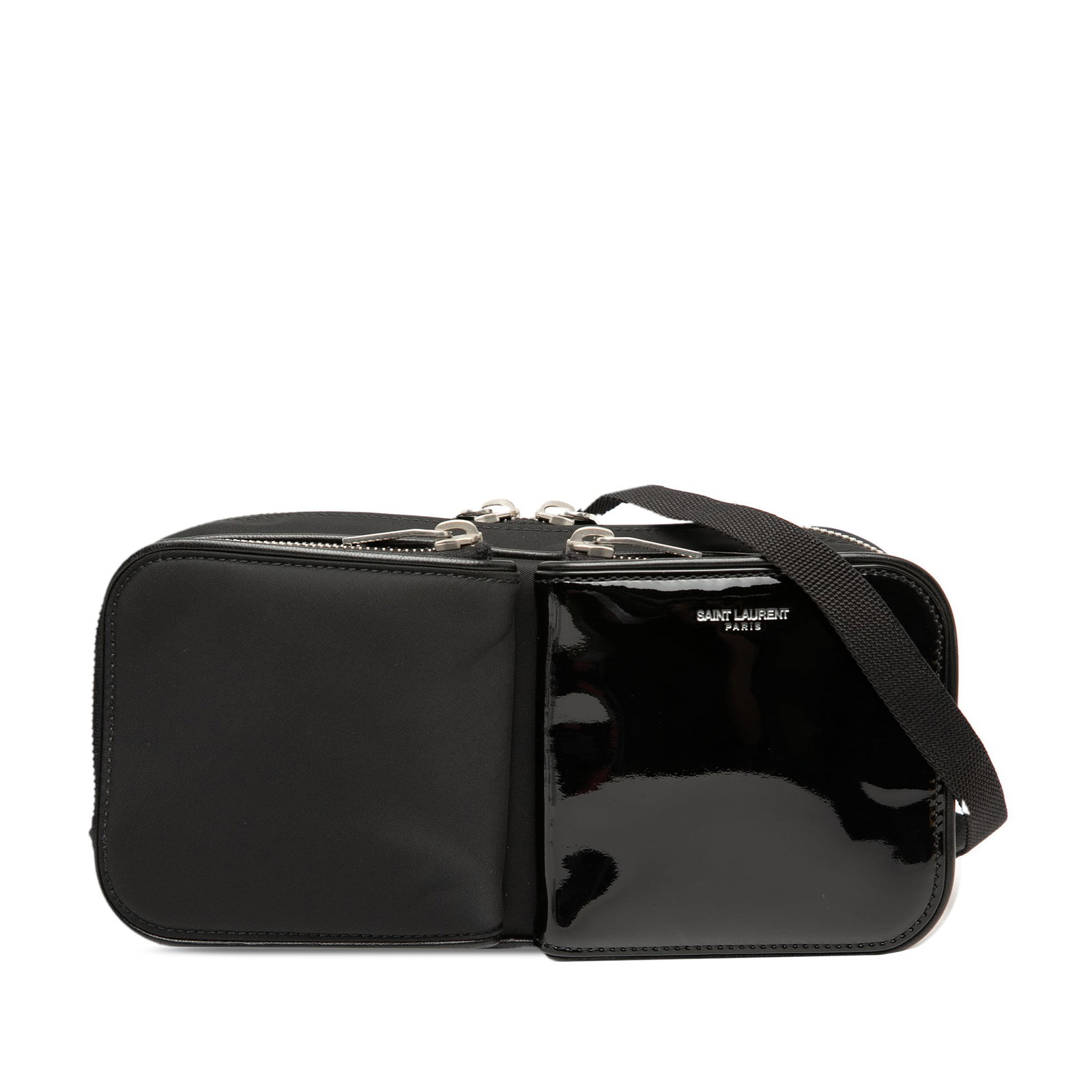 Saint Laurent black nylon patent leather crossbody bag: Saint Laurent black nylon patent leather crossbody bag This Saint Laurent crossbody bag features a combination of nylon and patent leather in a sleek black design. It includes an adjustable flat strap
