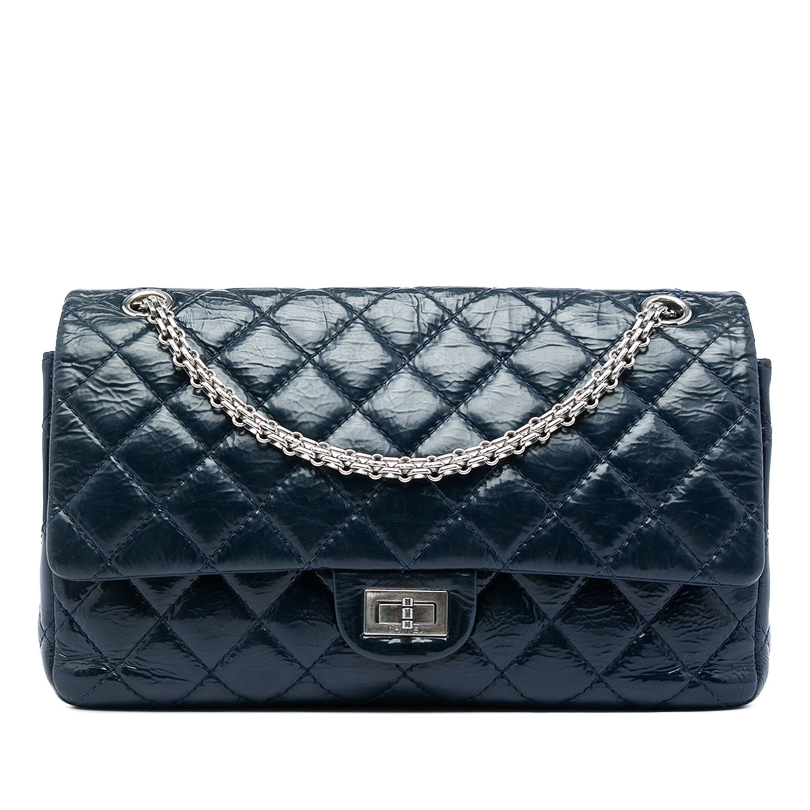 Chanel Reissue 2.55 226 Double Flap Blue Patent Leather Bag: Chanel Reissue 2.55 226 Double Flap Blue Patent Leather Bag Chanel Reissue 2.55 Double Flap 226 in blue quilted crinkled patent leather. This bag features a silver-tone chain strap, front flap with tw
