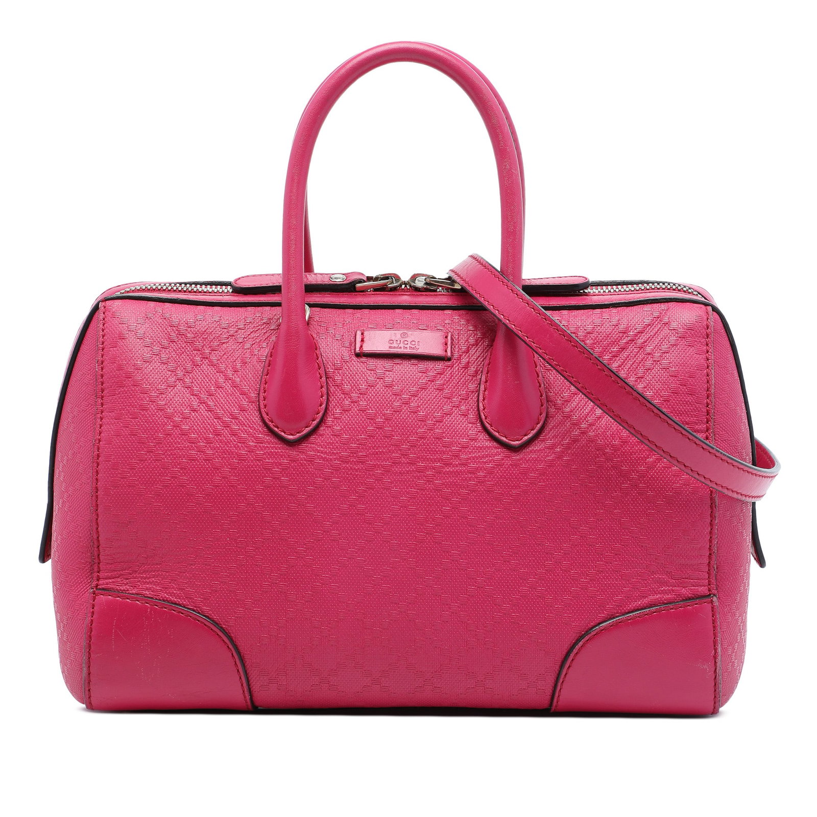 Gucci Diamante Bright Boston Satchel Pink Leather: Gucci Diamante Bright Boston Satchel Pink Leather Gucci Diamante Bright Calfskin Boston Bag in pink leather with a structured satchel silhouette. It features rolled leather handles, a detachable flat 
