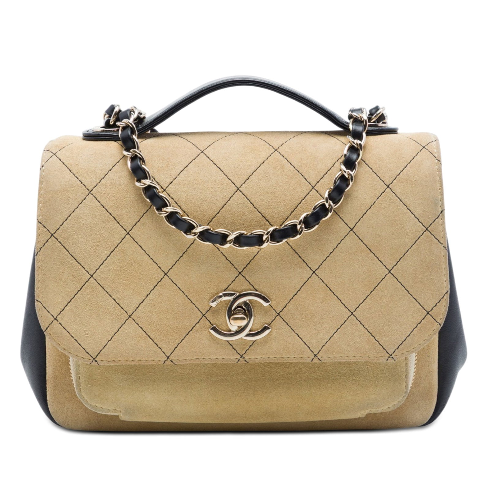 Chanel Business Affinity Medium CC Quilted Suede Flap Bag: Chanel Business Affinity Medium CC Quilted Suede Flap Bag A Chanel Medium CC Quilted Suede Business Affinity Flap satchel in beige, crafted with a suede body and calf leather trim. The bag features a 