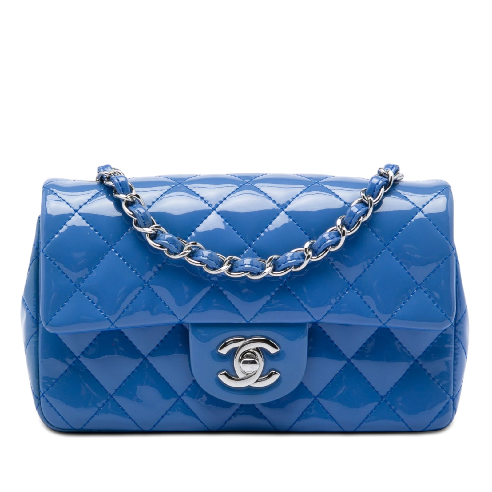 Chanel Mini Rectangular Classic Patent Flap Crossbody Bag Blue: Chanel Mini Rectangular Classic Patent Flap Crossbody Bag Blue A Chanel Mini Rectangular Classic Patent Single Flap crossbody bag in blue quilted patent leather. It features a leather-woven chain shou