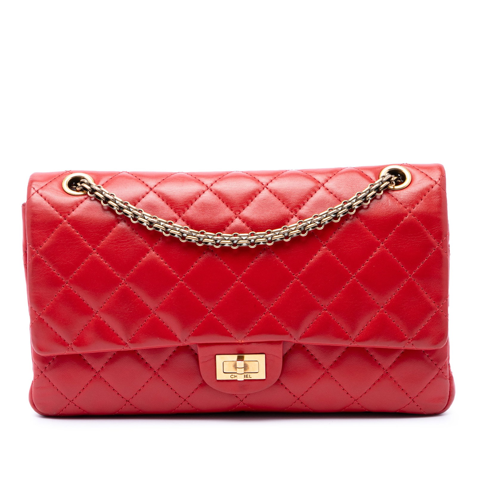 Chanel Reissue 2.55 226 Red Quilted Lambskin Flap Bag: Chanel Reissue 2.55 226 Red Quilted Lambskin Flap Bag A Chanel Reissue 2.55 Double Flap 226 shoulder bag in red quilted lambskin leather. This bag features chain link straps, a twist-lock closure with