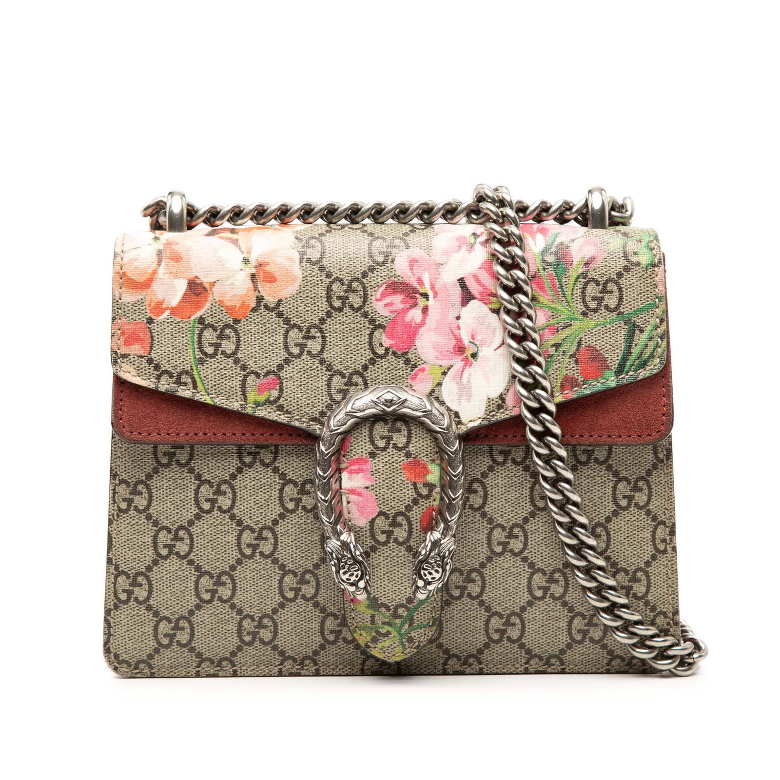 Gucci Dionysus Small GG Supreme Blooms Crossbody Bag: Gucci Dionysus Small GG Supreme Blooms Crossbody Bag Gucci Small GG Supreme Blooms Dionysus Crossbody in beige with a printed coated canvas body, suede leather trim, chain link straps, and a front fla