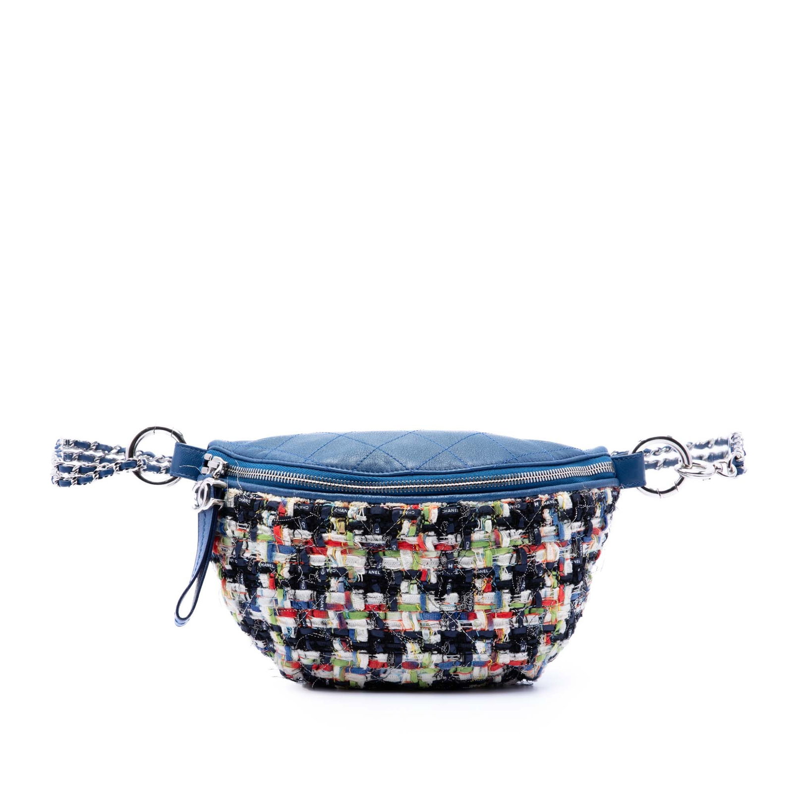 Chanel Convertible Waist Bag in Blue Tweed and Stitched Calfskin: Chanel Convertible Waist Bag in Blue Tweed and Stitched Calfskin Convertible waist bag crafted with a tweed and stitched calfskin body, featuring a detachable leather-woven chain waist strap, a detach