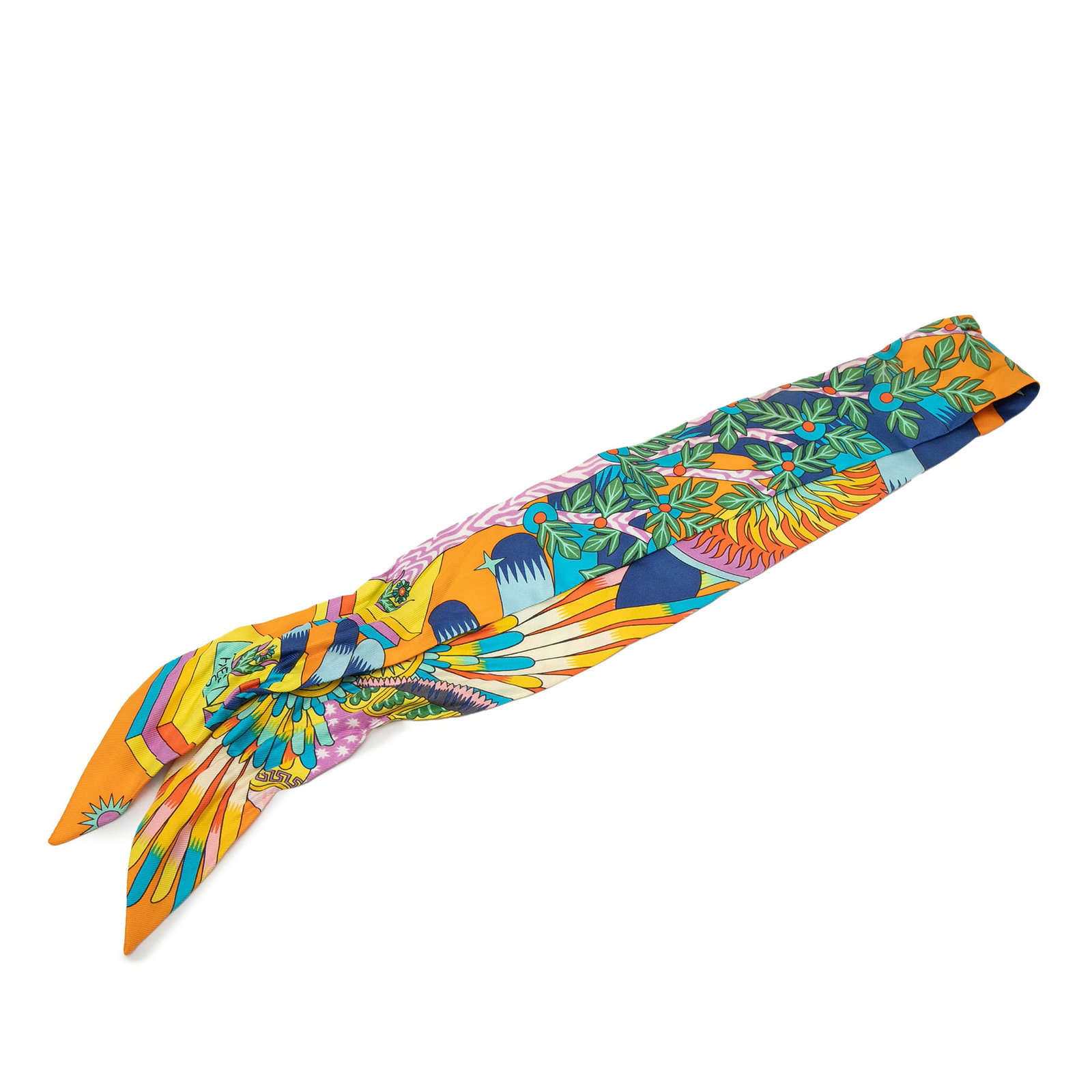 La Source de Pegase Orange Silk Twilly Scarf by Hermes: La Source de Pegase Orange Silk Twilly Scarf by Hermes This Hermes La Source de Pegase Twilly scarf features the iconic La Source de Pegase print in vibrant orange on 100% silk. Crafted in France, it 
