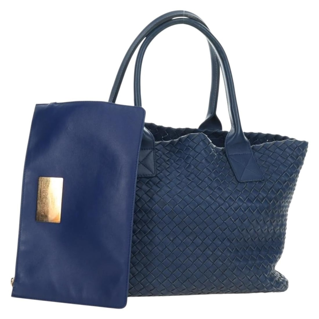 Bottega Veneta 141498 Intrecciato Blue Leather Cabas PM Tote: Bottega Veneta 141498 Intrecciato Blue Leather Cabas PM Tote Bottega Veneta Intrecciato Cabas PM tote bag in blue leather. This women's tote is made in Italy and includes a pouch. Condition is B with 