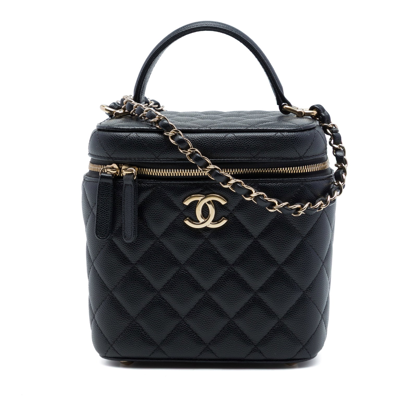 Chanel Vanity Case with Chain Black Quilted Caviar Leather: Chanel Vanity Case with Chain Black Quilted Caviar Leather A Chanel CC Quilted Caviar Top Handle Vanity Case with Chain in black leather. This structured bag features a quilted caviar leather body, a 