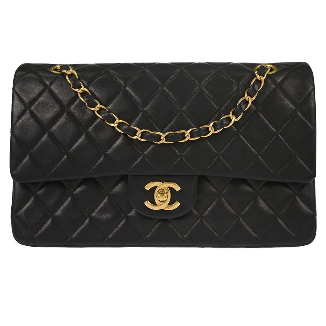 CHANEL Classic Double Flap Medium Shoulder Bag Black Lambskin: CHANEL Classic Double Flap Medium Shoulder Bag Black Lambskin Chanel Medium Classic Double Flap shoulder bag in black lambskin leather with a turn-lock closure and shoulder strap. Made in France, this