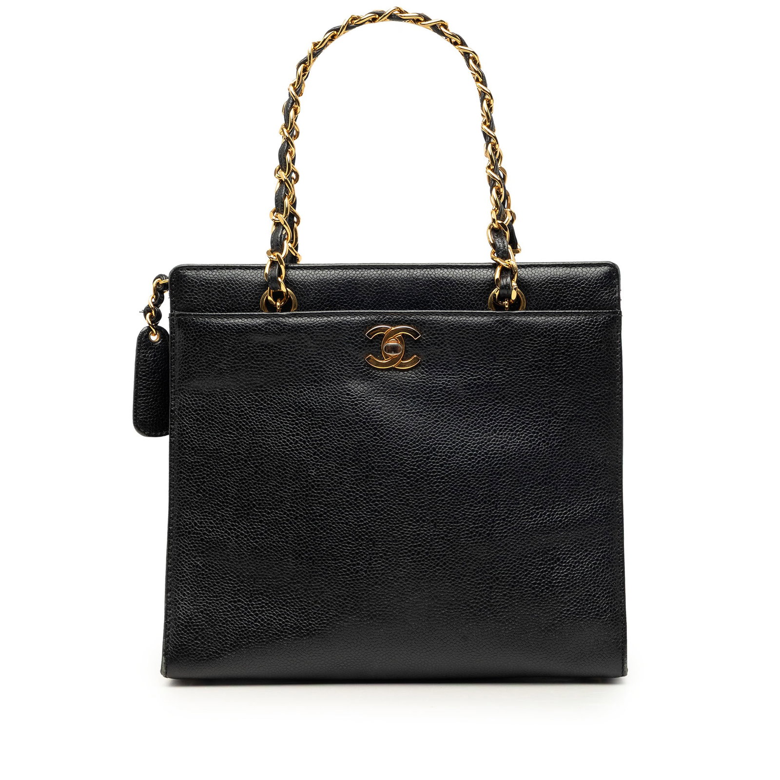 Chanel CC Caviar Leather Tote with Turn Lock Chain Straps: Chanel CC Caviar Leather Tote with Turn Lock Chain Straps A Chanel CC Caviar Chain Turn Lock Tote in black caviar leather. This tote features leather-woven chain link shoulder straps, a top zip closur