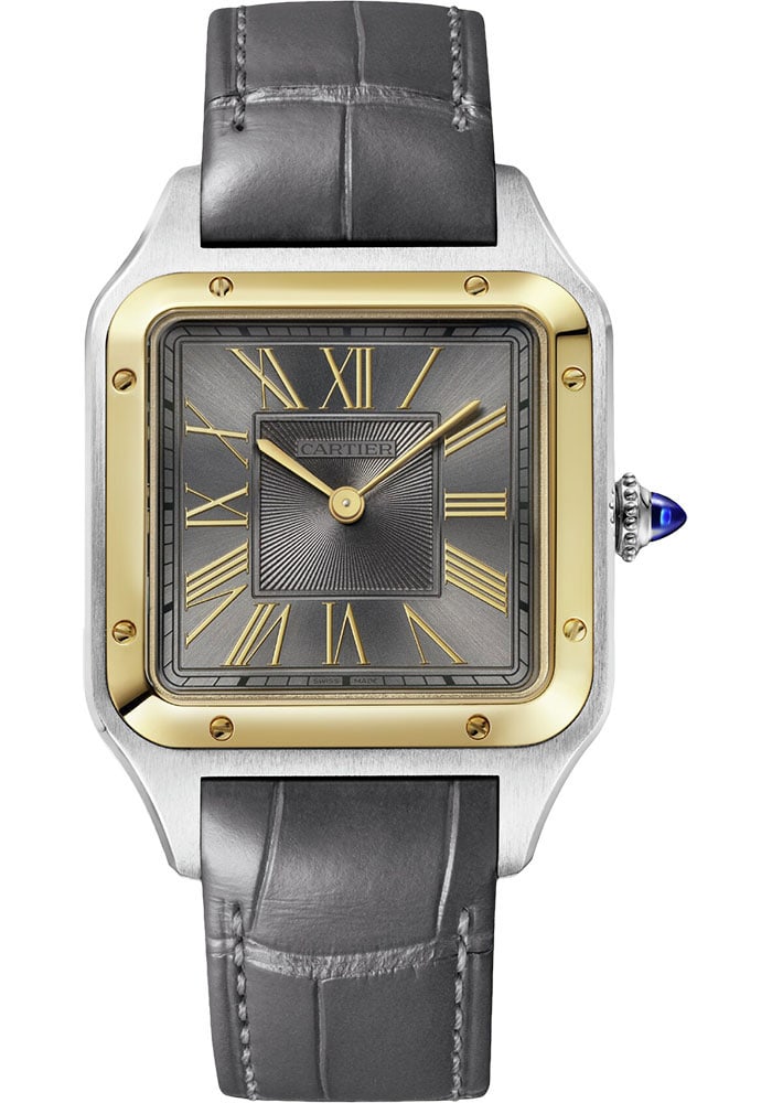 Cartier W2SA0028 Santos Dumont Large mens watch gray dial leather strap: Cartier W2SA0028 Santos Dumont Large mens watch gray dial leather strap Cartier Santos Dumont Large wristwatch featuring a gray dial, fixed bezel, and leather strap. Includes card dated 2023. Specific