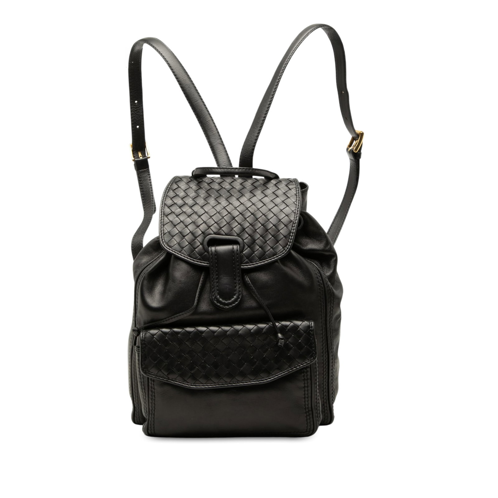 Bottega Veneta Intrecciato Nappa Leather Flap Drawstring Backpack Black: Bottega Veneta Intrecciato Nappa Leather Flap Drawstring Backpack Black Black leather backpack with Bottega Veneta's signature intrecciato-trimmed flap and a drawstring closure. It features a nappa le