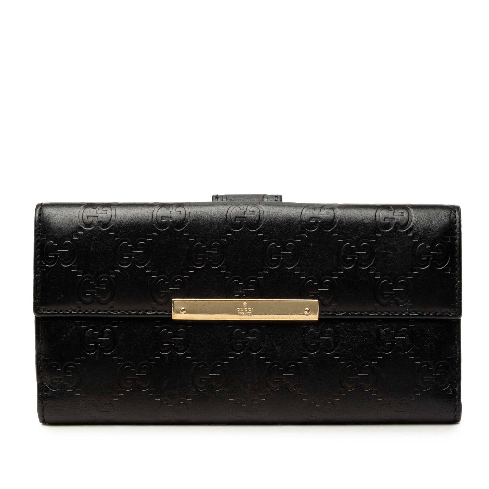 Gucci Guccissima Leather Continental Wallet Black: Gucci Guccissima Leather Continental Wallet Black A Gucci Guccissima Continental Wallet crafted in black leather with a front flap snap closure, a top strap snap button closure, and interior slip pock