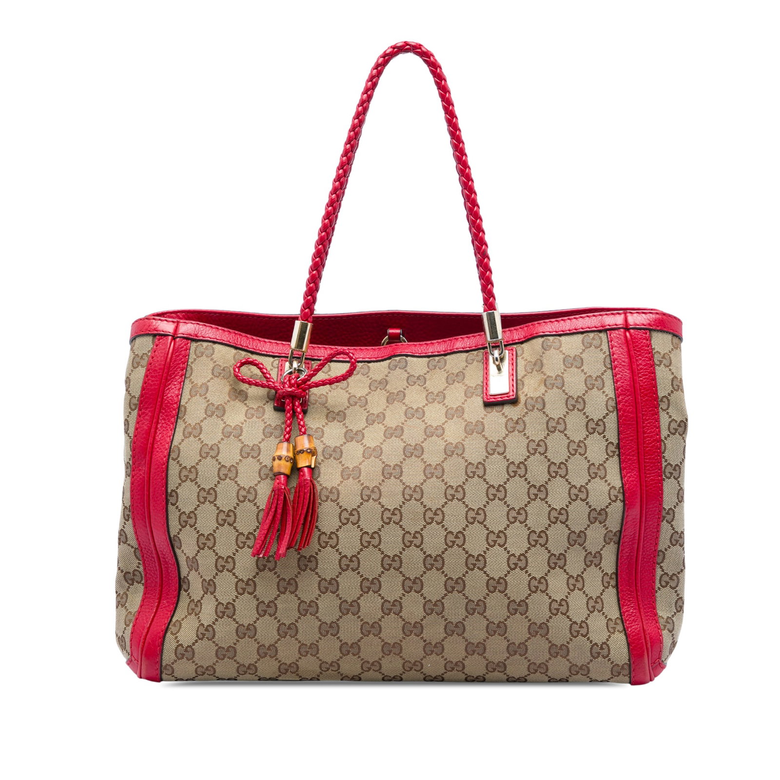 Gucci Bella Tote Beige GG Canvas Handbag with Leather Trim: Gucci Bella Tote Beige GG Canvas Handbag with Leather Trim Gucci GG Canvas Bella Tote in beige with leather trim and braided leather handles. This tote features an open top with a lobster clasp closur