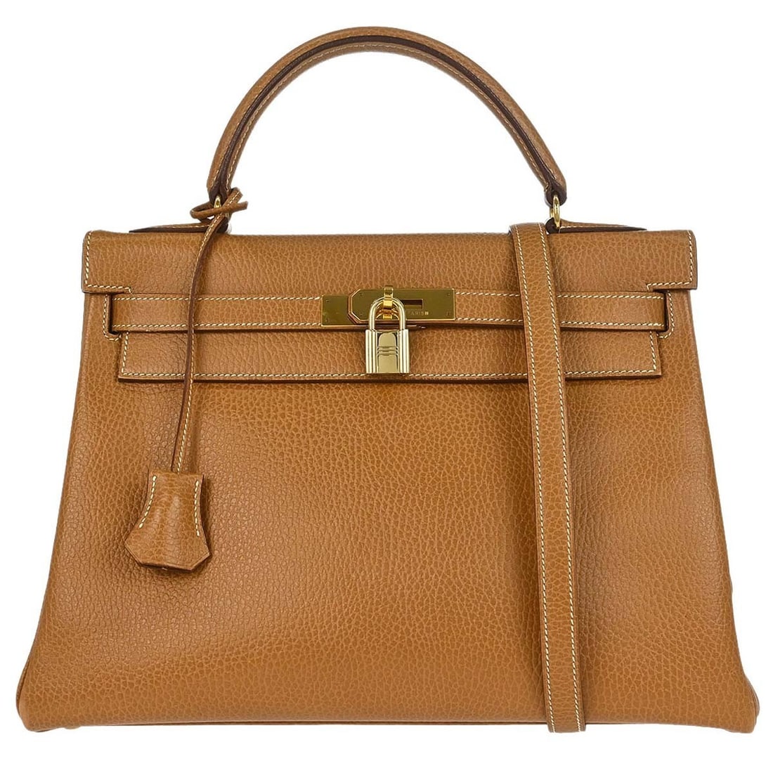 HERMES Kelly 32 Retourne Ardennes Leather Satchel with Strap Natural: HERMES Kelly 32 Retourne Ardennes Leather Satchel with Strap Natural Hermes Kelly 32 Retourne 2-way handbag in Ardennes leather with a turn-lock flap closure, top handle, and detachable shoulder strap