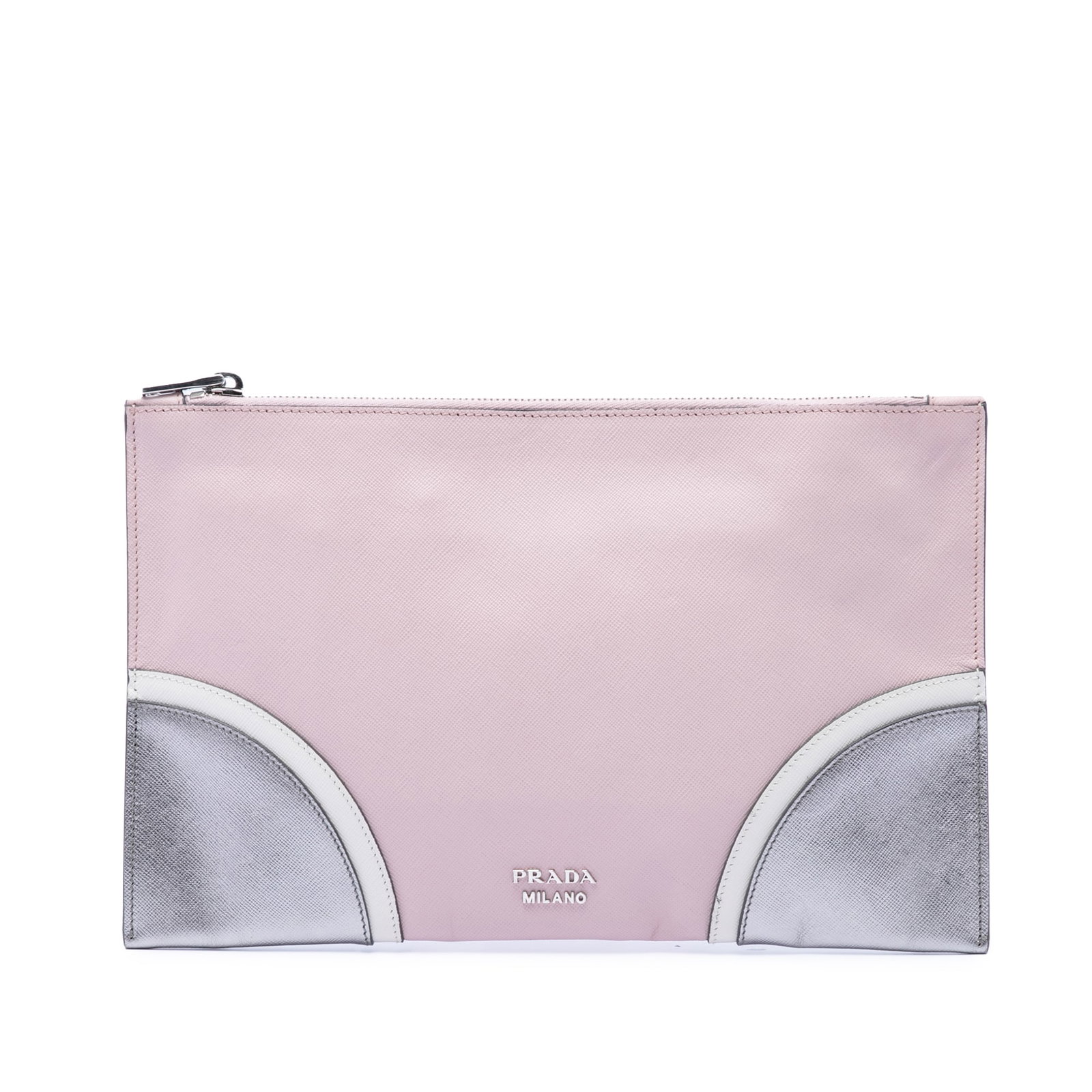 Prada Tricolor Saffiano Leather Zip Clutch Bag Pink: Prada Tricolor Saffiano Leather Zip Clutch Bag Pink Prada Tricolor Saffiano Clutch in pink saffiano leather with a top zip closure and an interior zip pocket. Made in Italy. Condition is B+ with visib