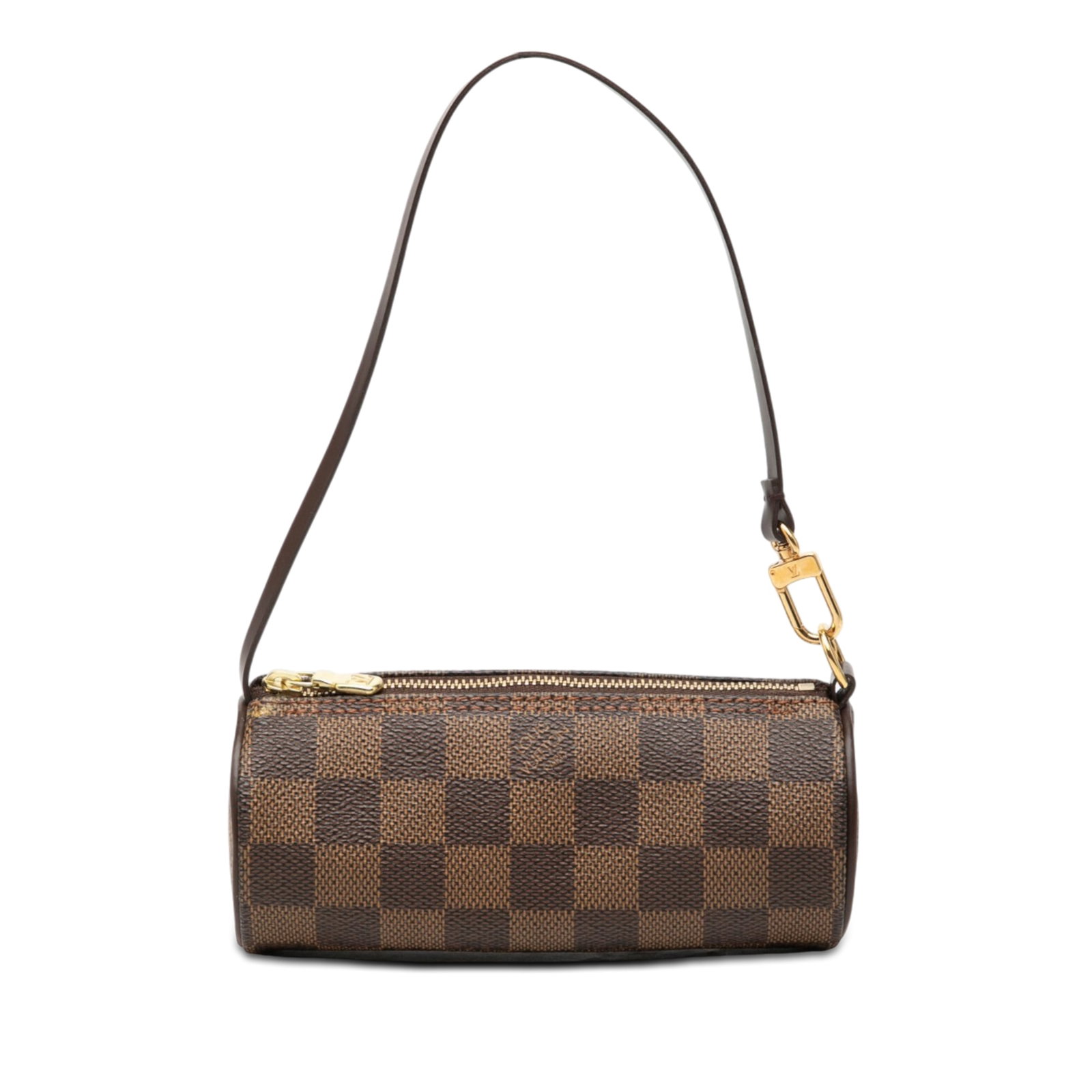 Louis Vuitton Papillon Pochette in Damier Ebene Canvas: Louis Vuitton Papillon Pochette in Damier Ebene Canvas Louis Vuitton Damier Ebene Papillon Pochette in brown with a damier ebene canvas body, leather trim, a flat leather strap, and a top zip closure.