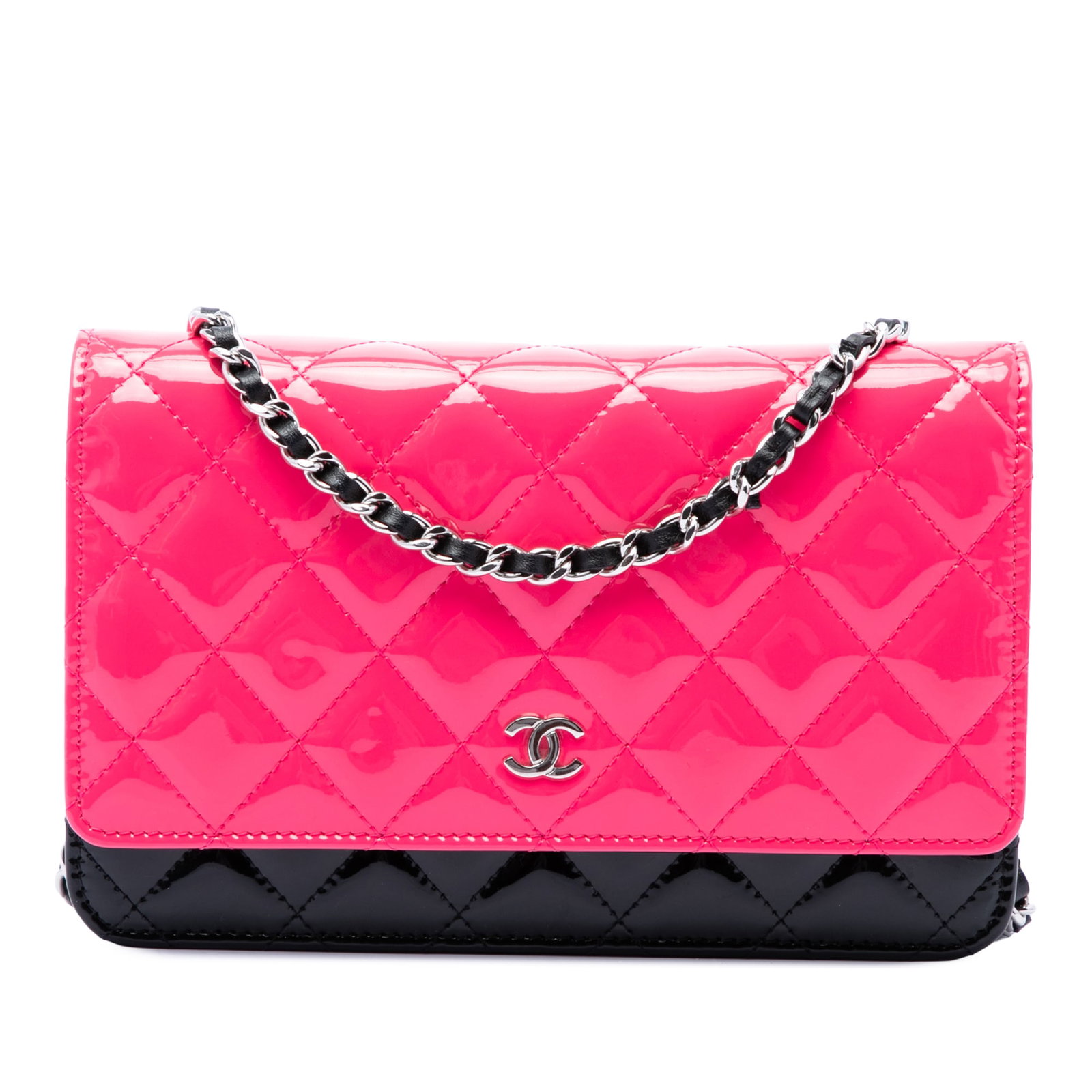 Chanel CC Quilted Patent Leather Wallet on Chain Pink: Chanel CC Quilted Patent Leather Wallet on Chain Pink A Chanel wallet on chain crafted in pink quilted patent leather. This piece features a leather-woven chain link strap, a front flap with magnetic 
