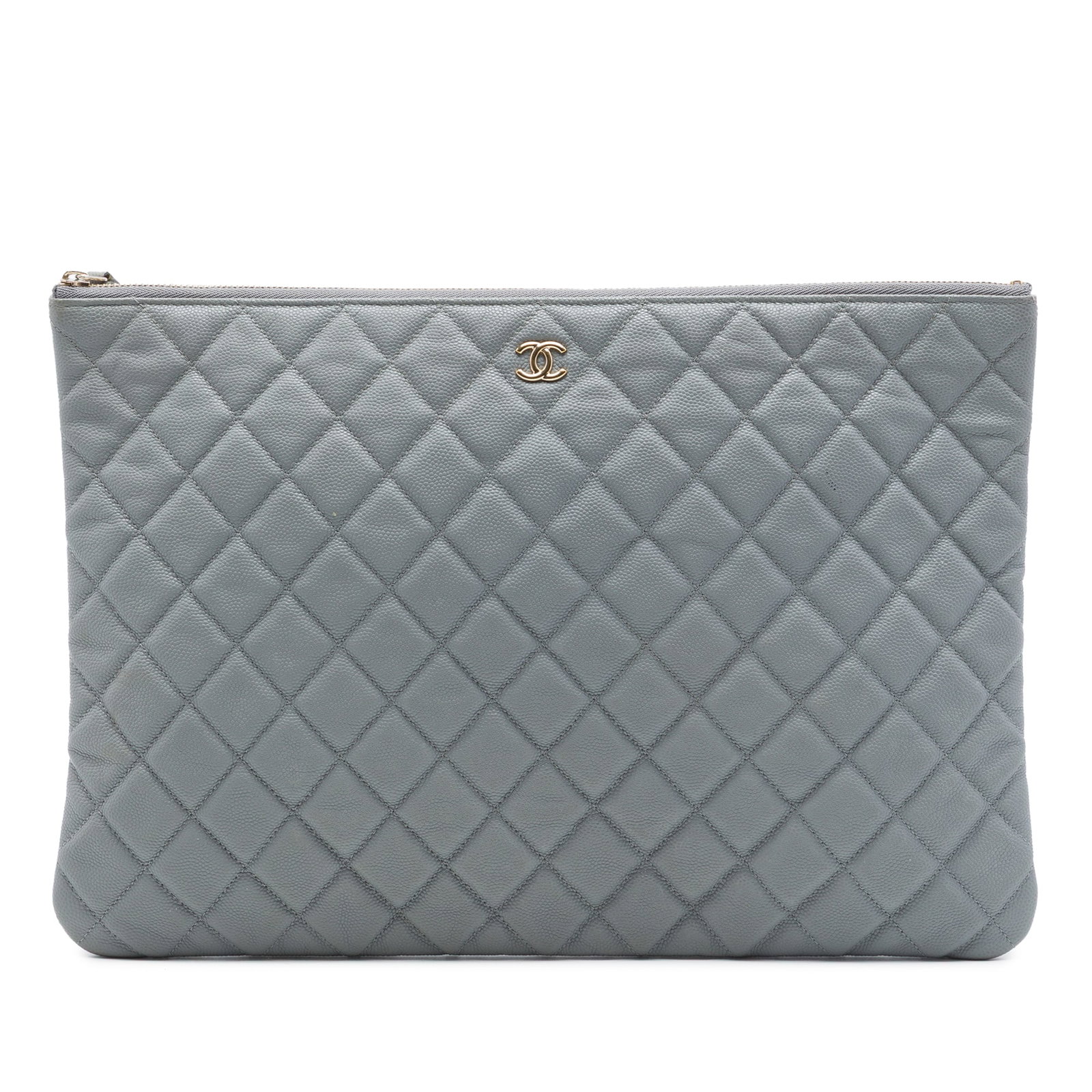 Chanel O Case Large Gray Quilted Caviar Leather Clutch (1 of 6)