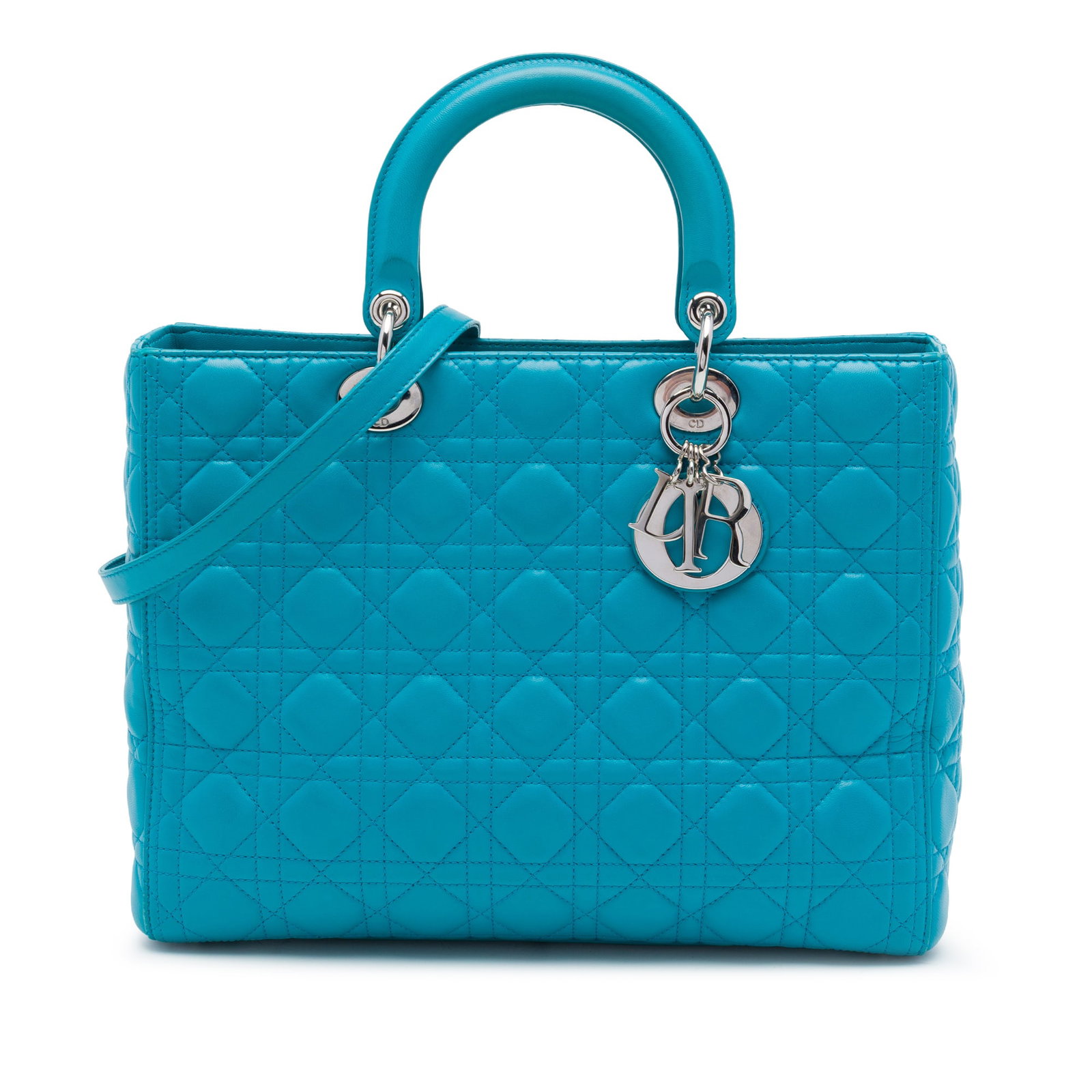 Dior Lady Dior Large Cannage Lambskin Handbag Blue: Dior Lady Dior Large Cannage Lambskin Handbag Blue Large Lady Dior bag in blue quilted lambskin leather with Cannage pattern. It features flat leather top handles, a detachable leather strap, a top zi