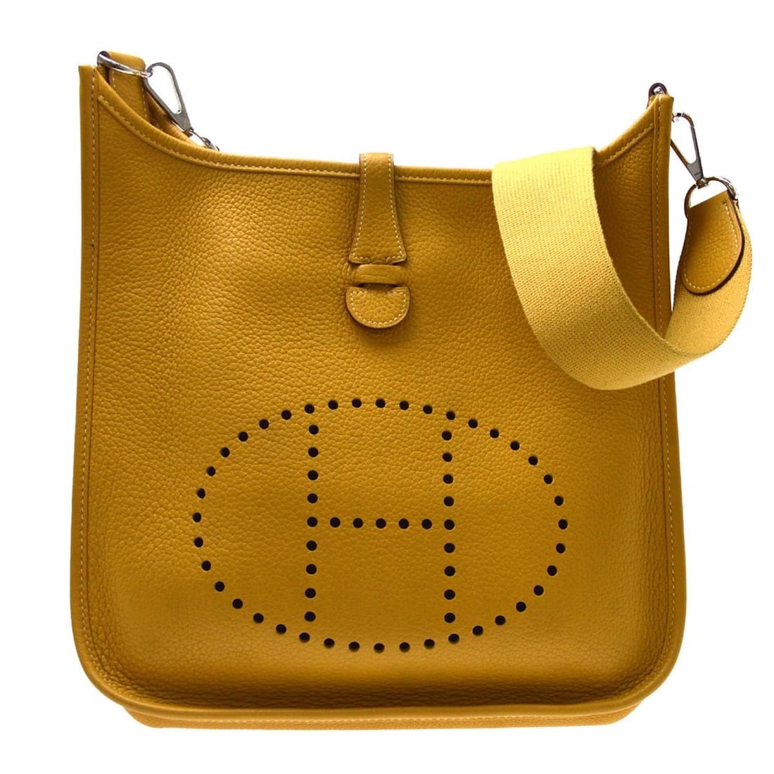 Hermes Evelyne Leather Shoulder Bag Yellow 32cm: Hermes Evelyne Leather Shoulder Bag Yellow 32cm Hermes Evelyne bag in yellow leather with a clean, classic silhouette. Made in France, this piece is in very good condition with light dirt and scuffs t
