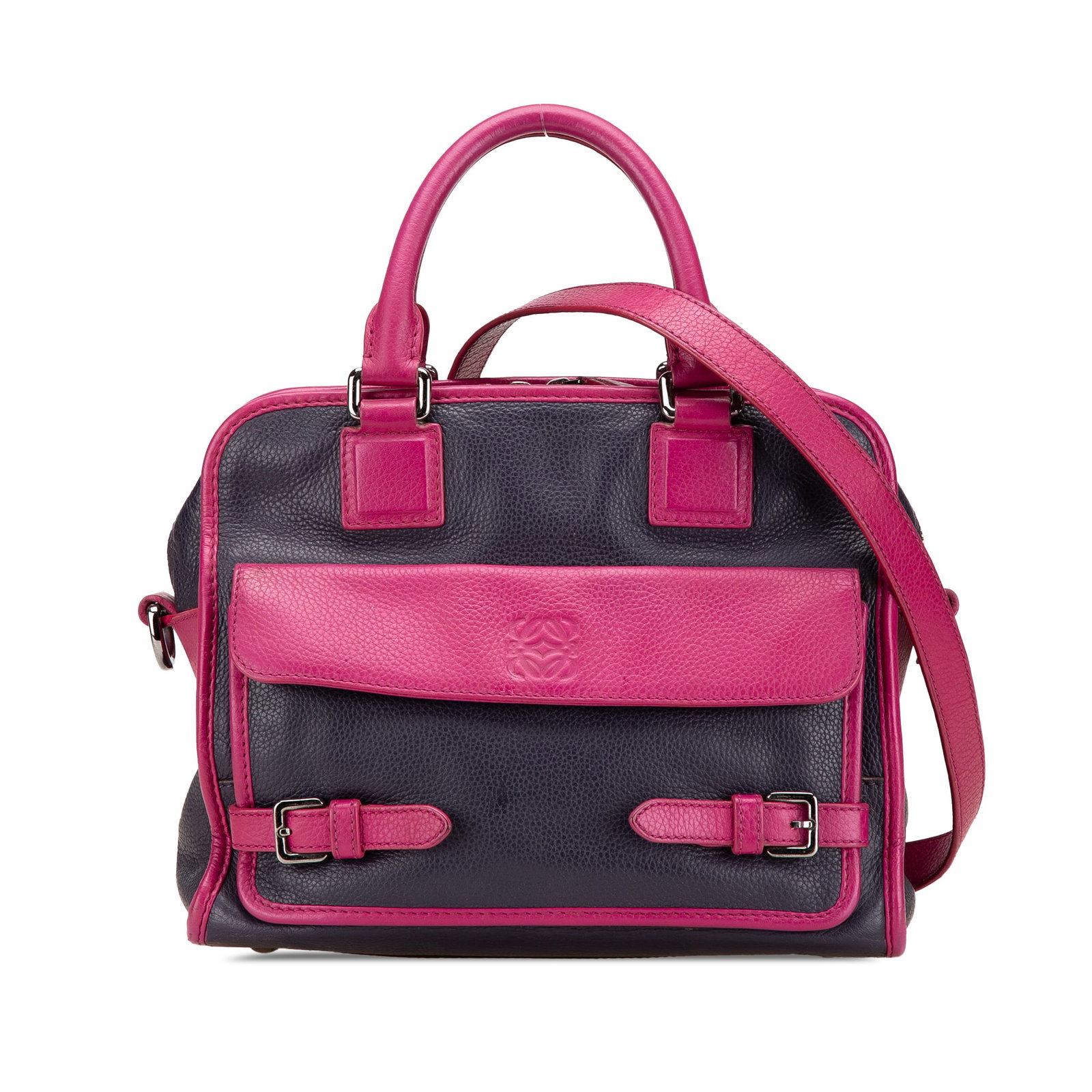 LOEWE Blue Grained Bicolor Calfskin Cruz Satchel with Rolled Handles: LOEWE Blue Grained Bicolor Calfskin Cruz Satchel with Rolled Handles The LOEWE Grained Bicolor Calfskin Cruz Satchel is a stylish and functional accessory, crafted from high-quality leather. This satc