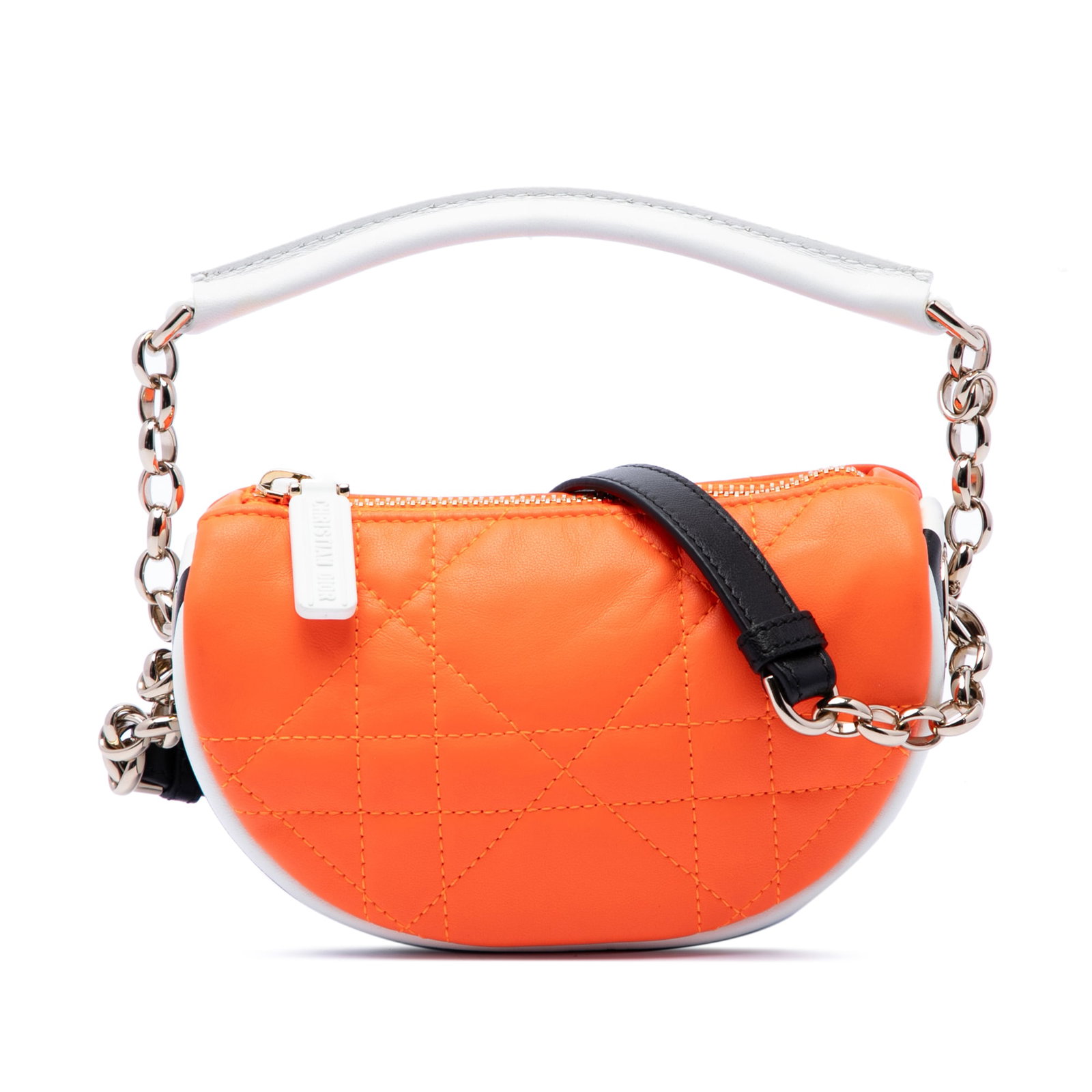 Dior Dior Vibe Micro Hobo in Orange Cannage Lambskin: Dior Dior Vibe Micro Hobo in Orange Cannage Lambskin Compact and distinctive, this Dior Vibe hobo bag is crafted in orange quilted lambskin leather with Cannage detailing. The design features a flat l