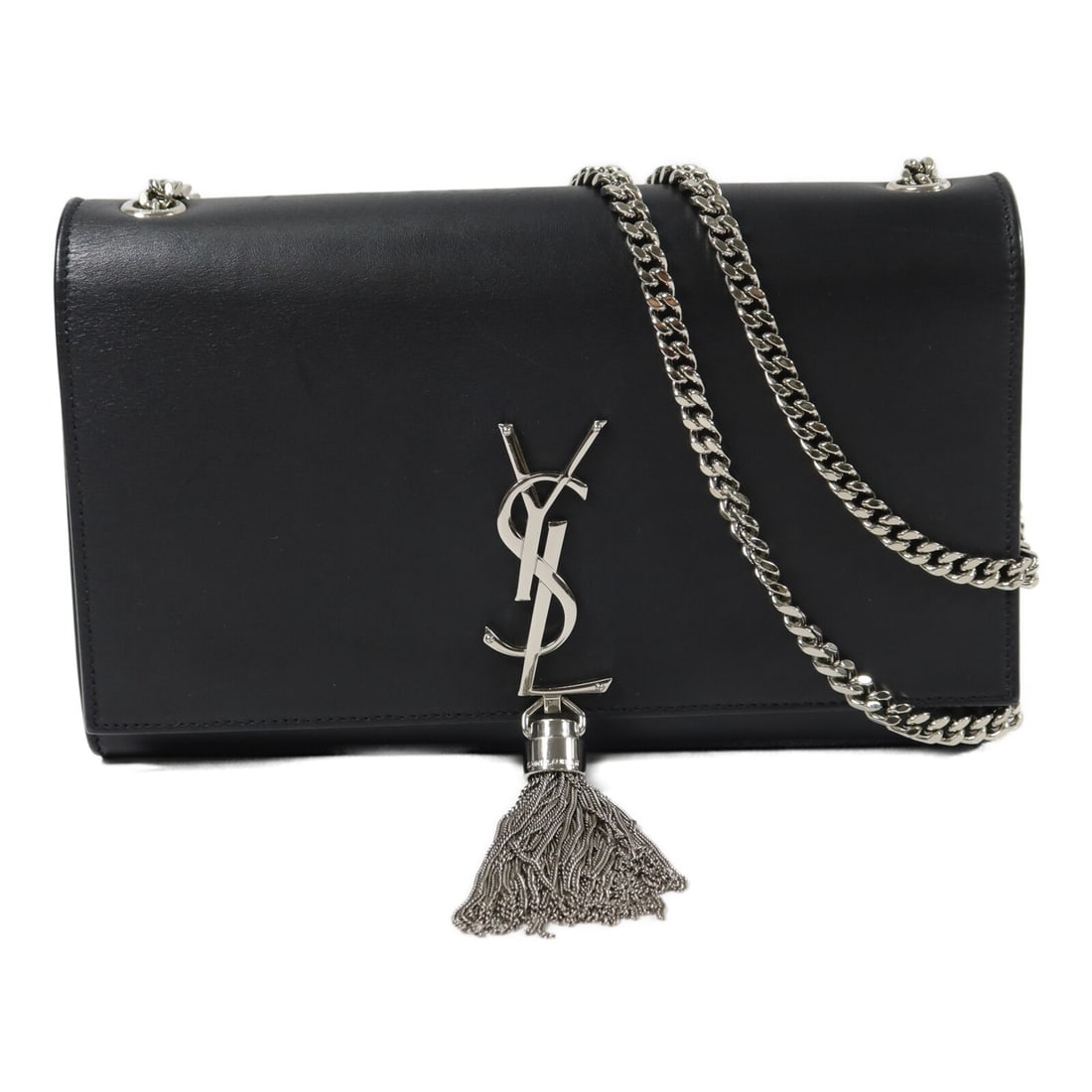 Yves Saint Laurent Kate Black Calfskin Chain Shoulder Bag: Yves Saint Laurent Kate Black Calfskin Chain Shoulder Bag Saint Laurent Kate tassel chain shoulder bag in black calfskin leather with silver-tone hardware. This women's shoulder bag is made in Italy a